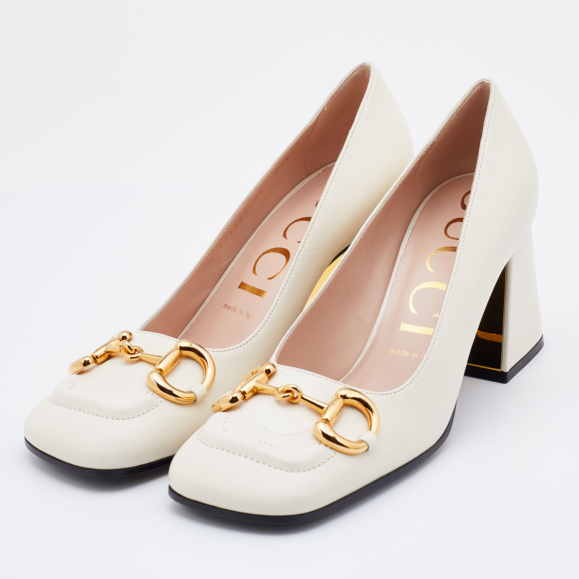 

Gucci White Leather Horsebit Block Heel Pumps Size