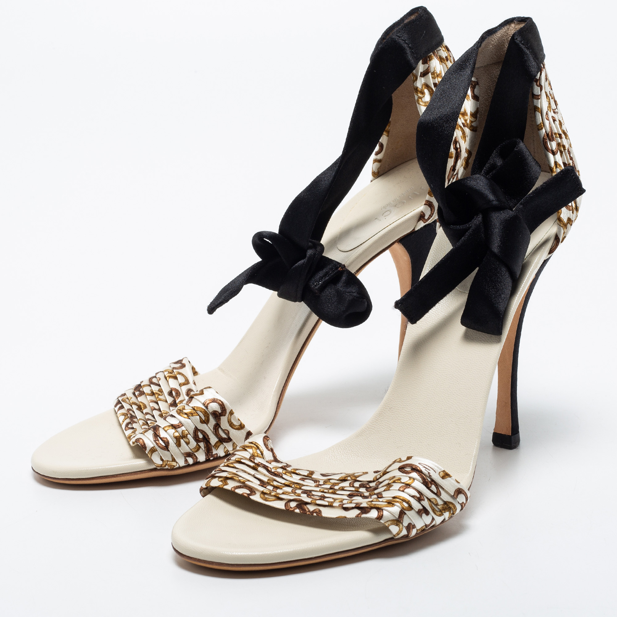

Gucci Off-White/Black Pleated Printed Satin Ankle Tie Sandals Size