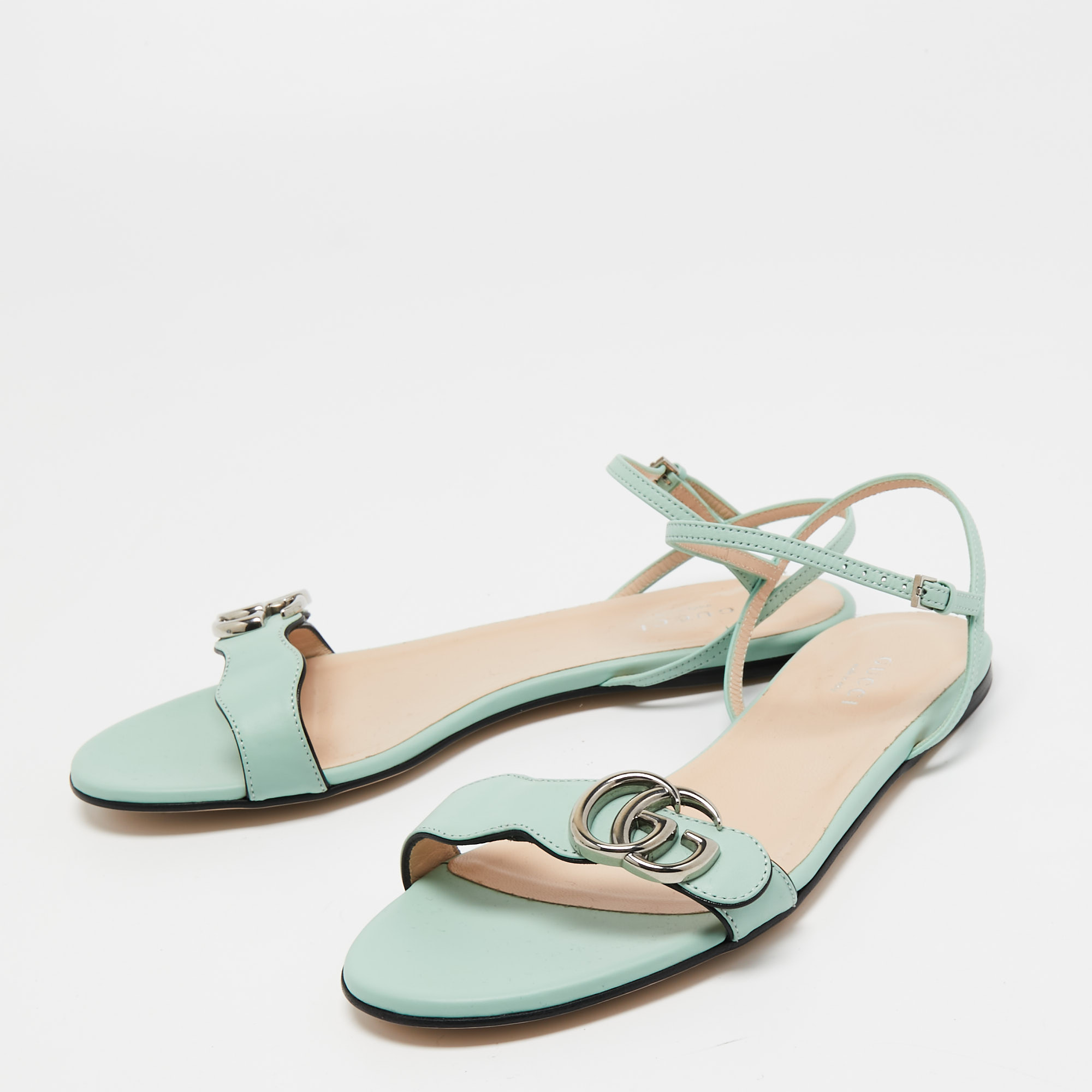 

Gucci Mint Green Leather GG Marmont Ankle Strap Flat Sandals Size