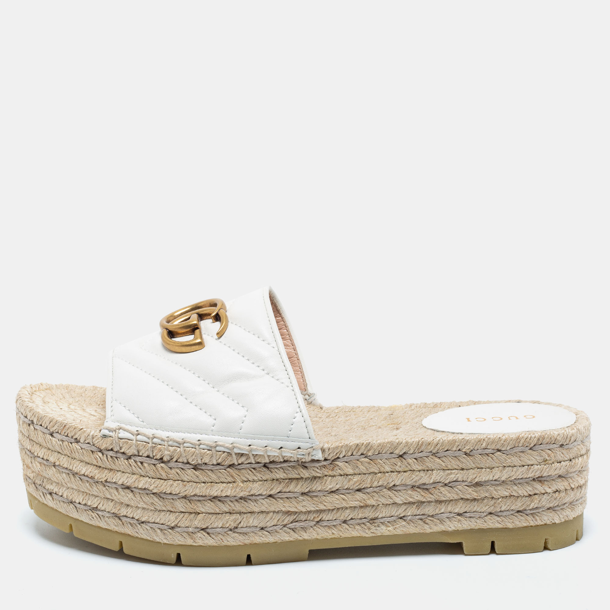 مملوكة مسبقًا Gucci White Leather Double G Logo Leather Espadrilles Size 38