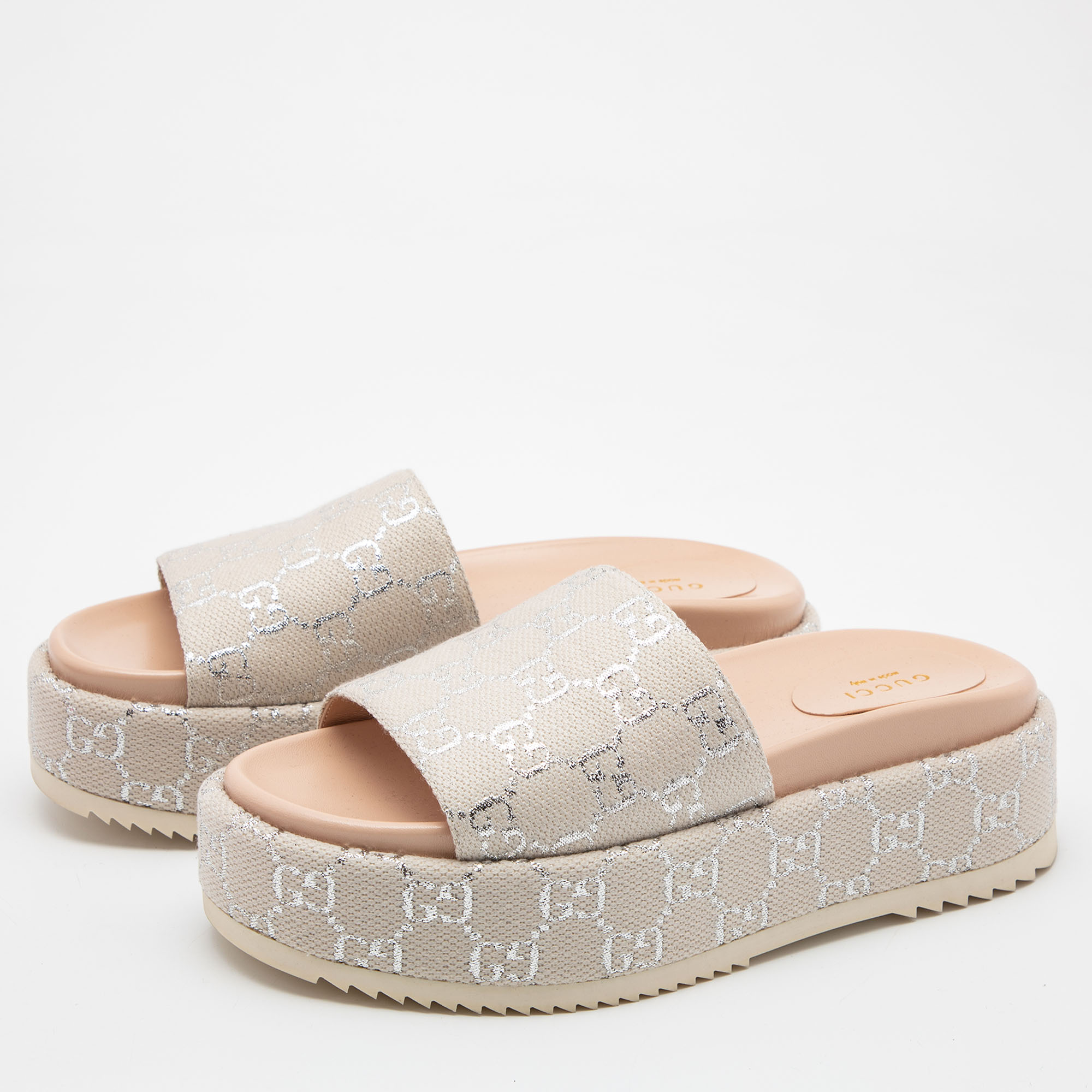 

Gucci Grey/Silver Canvas GG Slide Sandals Size