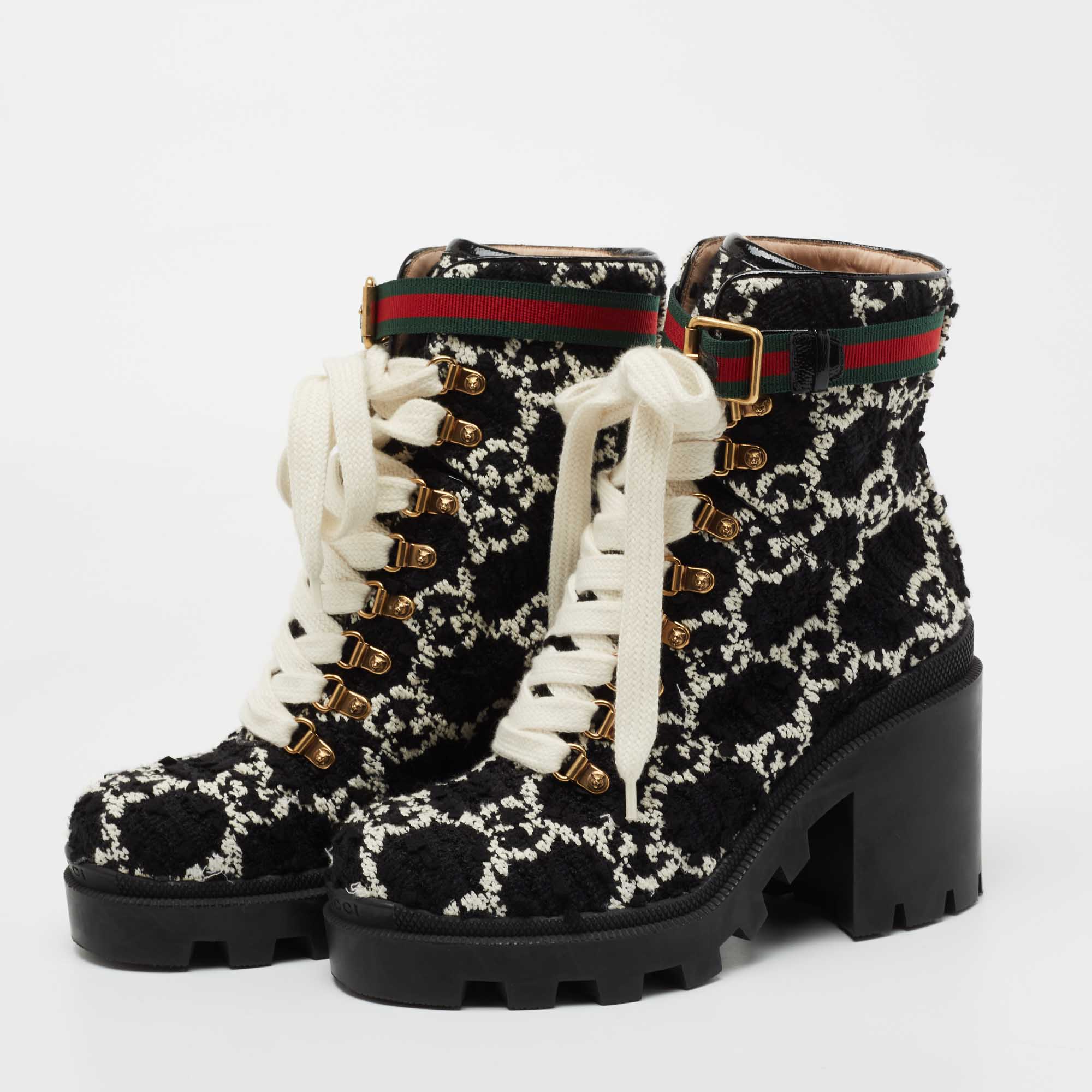 

Gucci Black/White GG Logo Tweed Combat Boots Size