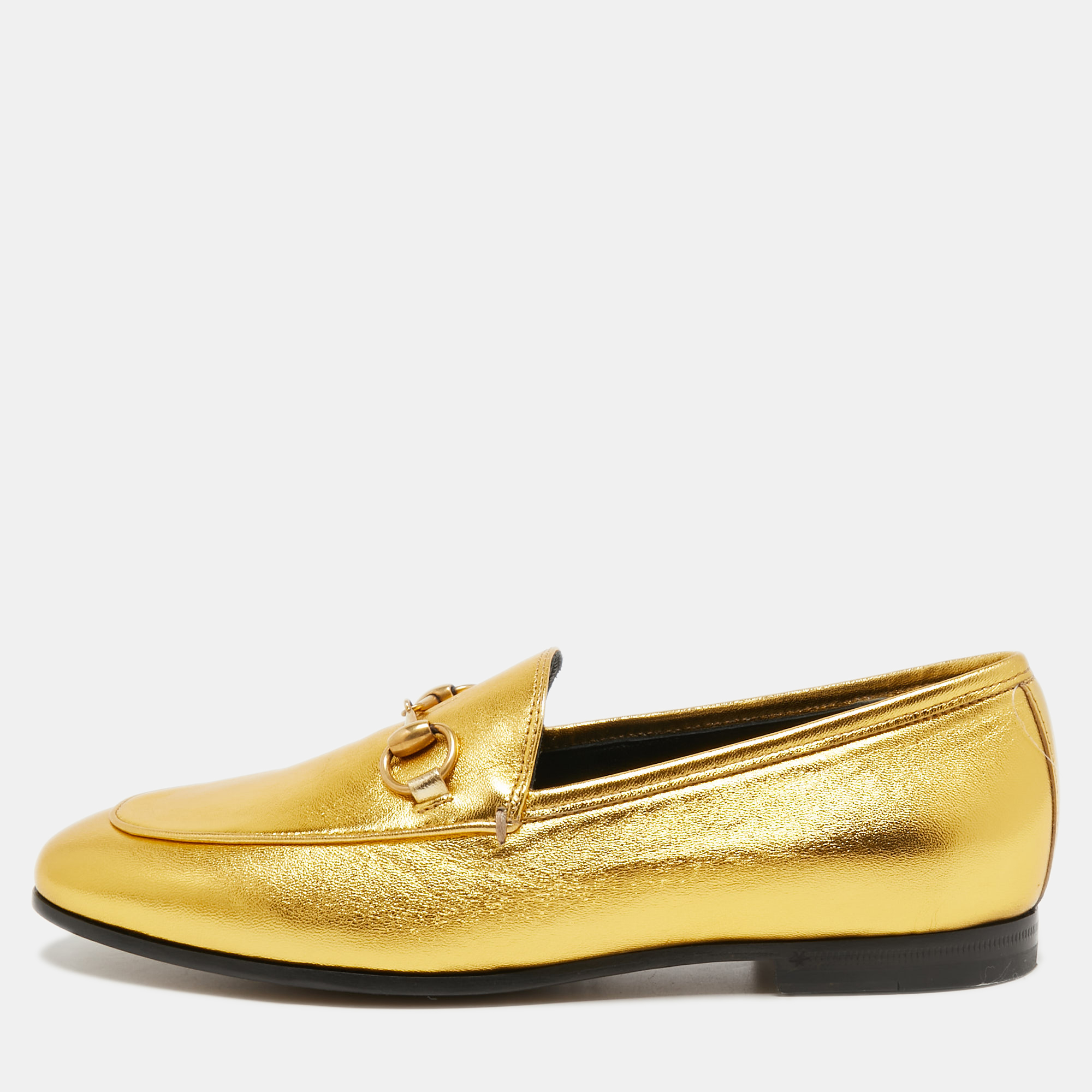 Pre-owned Gucci Gold Leather Hosrsebit Jordaan Loafers Size 35