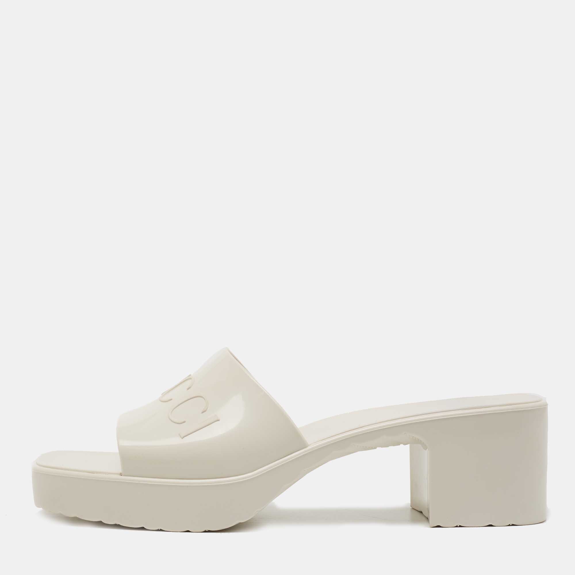 Pre Owned Gucci Cream Rubber Logo Slide Platform Sandals Size 41