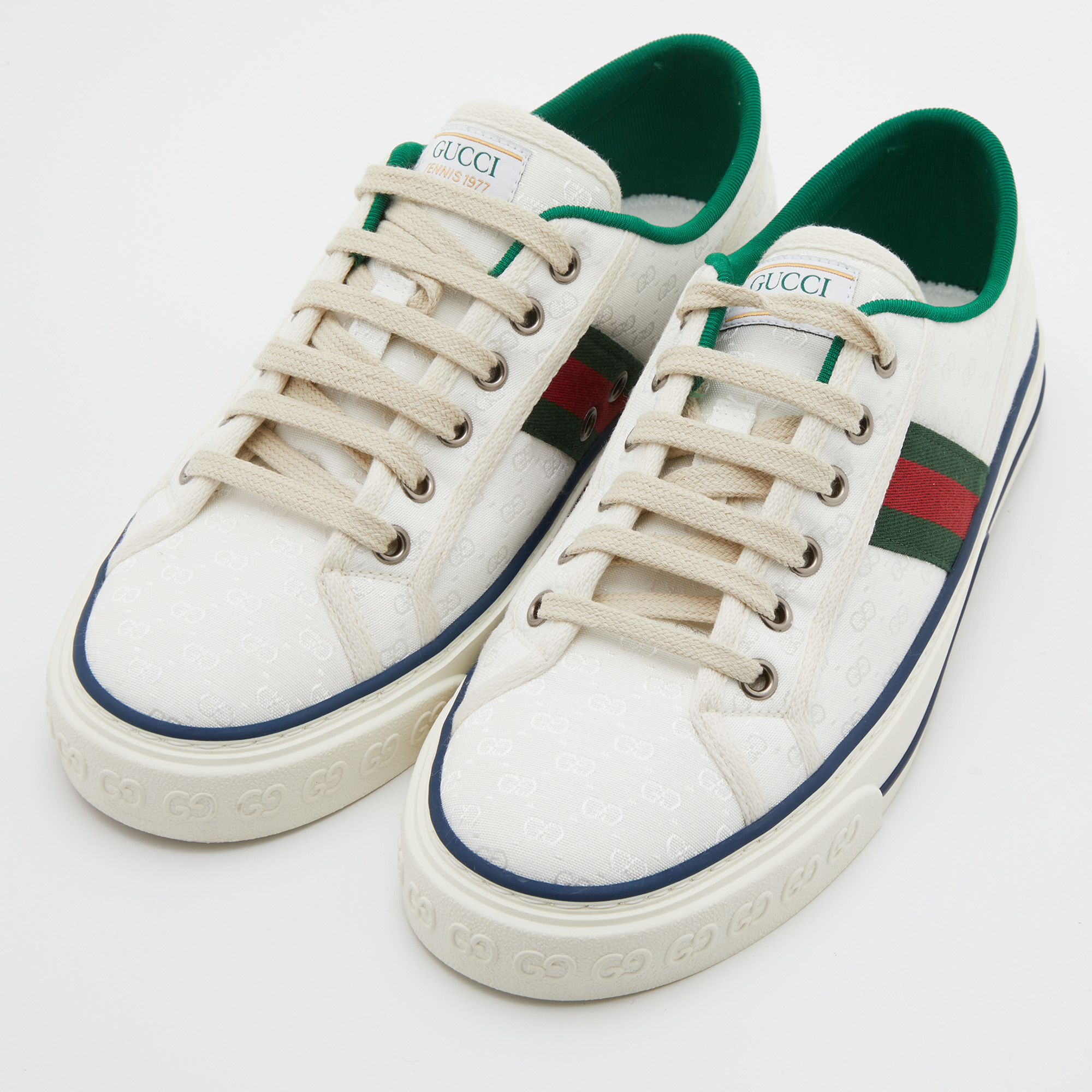 

Gucci White Mini GG Jacquard Fabric Tennis 1977 Low Top Sneakers Size