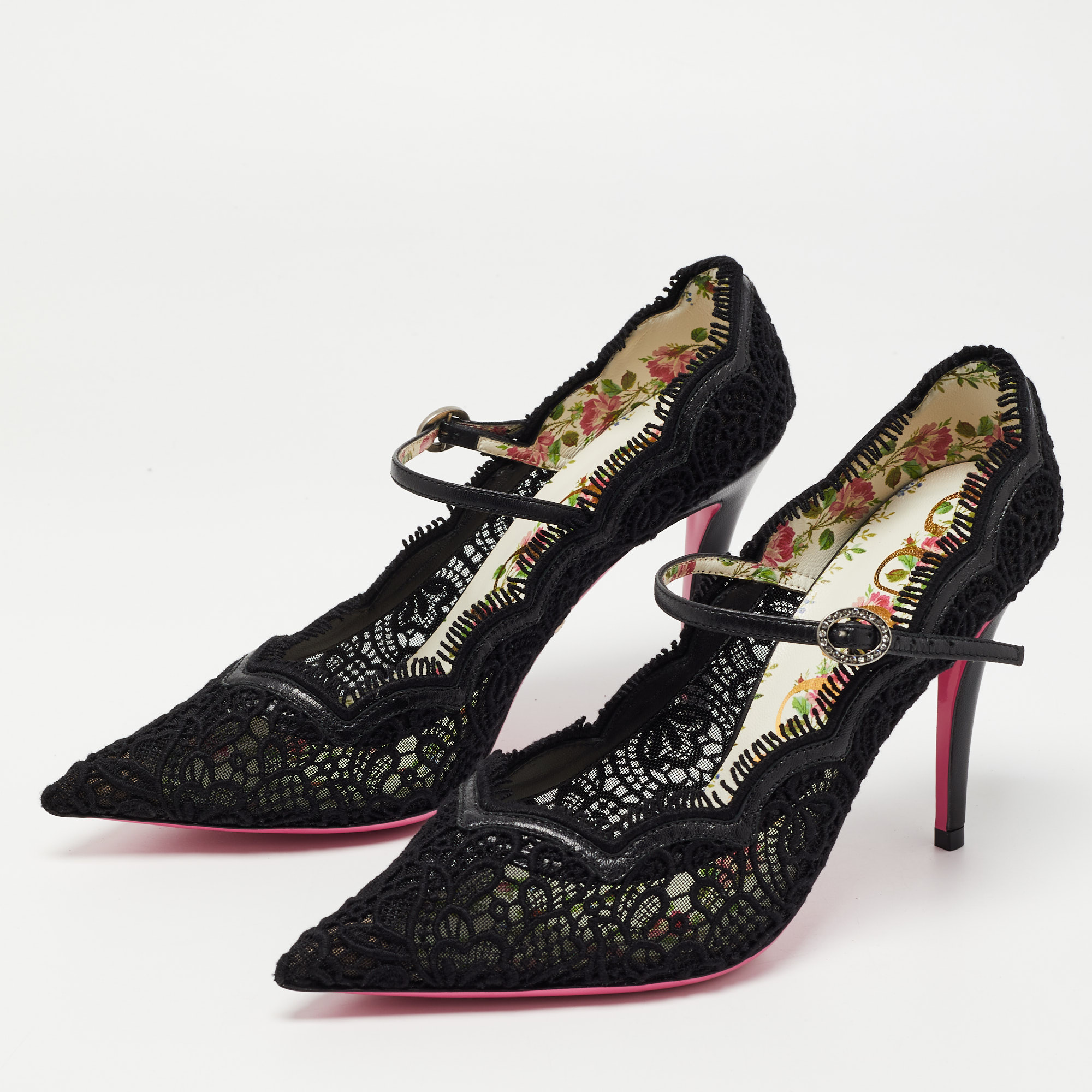 

Gucci Black Lace and Leather Virginia Mary Jane Pumps Size