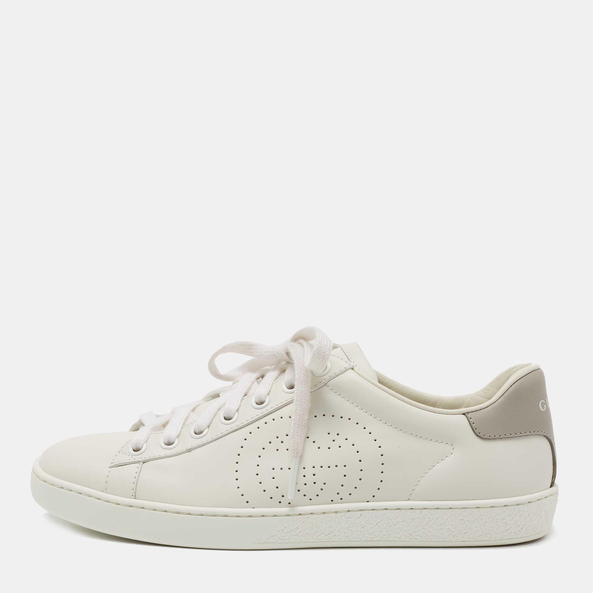 Pre-owned Gucci White/grey Leather Perforated Gg Ace Sneakers Size 37