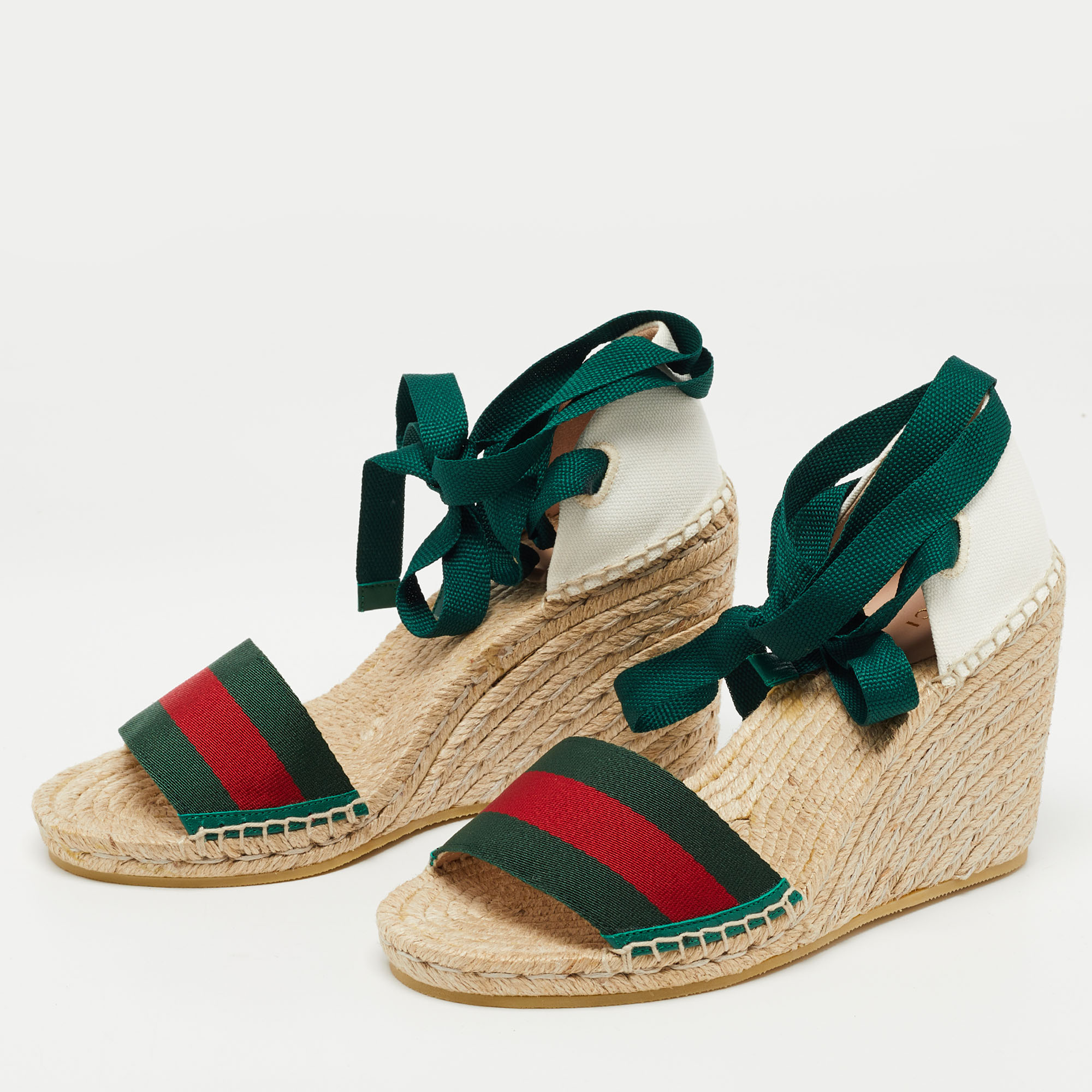 

Gucci Multicolor Canvas Web Espadrille Wedge Ankle Wrap Sandals Size