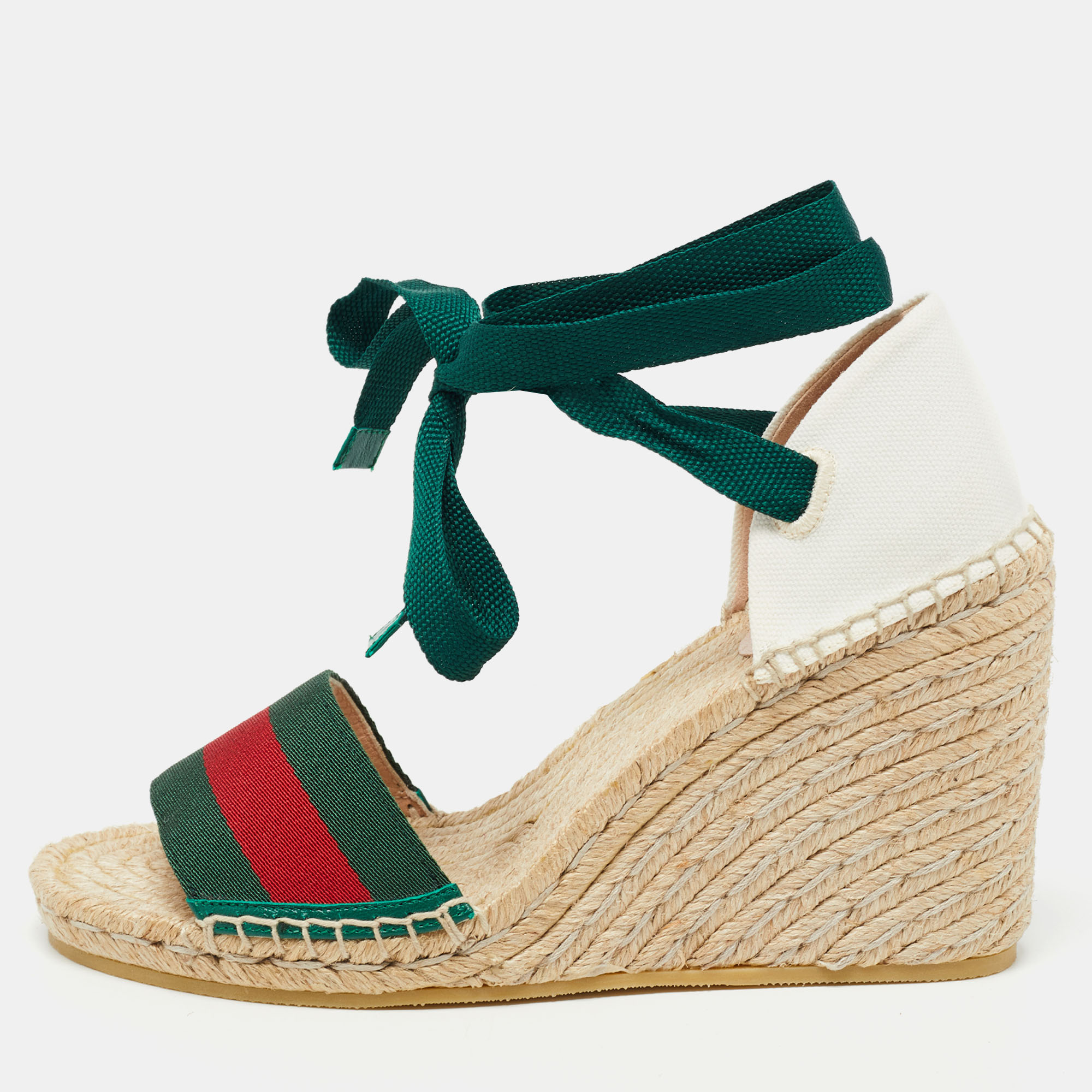Pre-owned Gucci Multicolor Canvas Web Espadrille Wedge Ankle Wrap Sandals Size 38