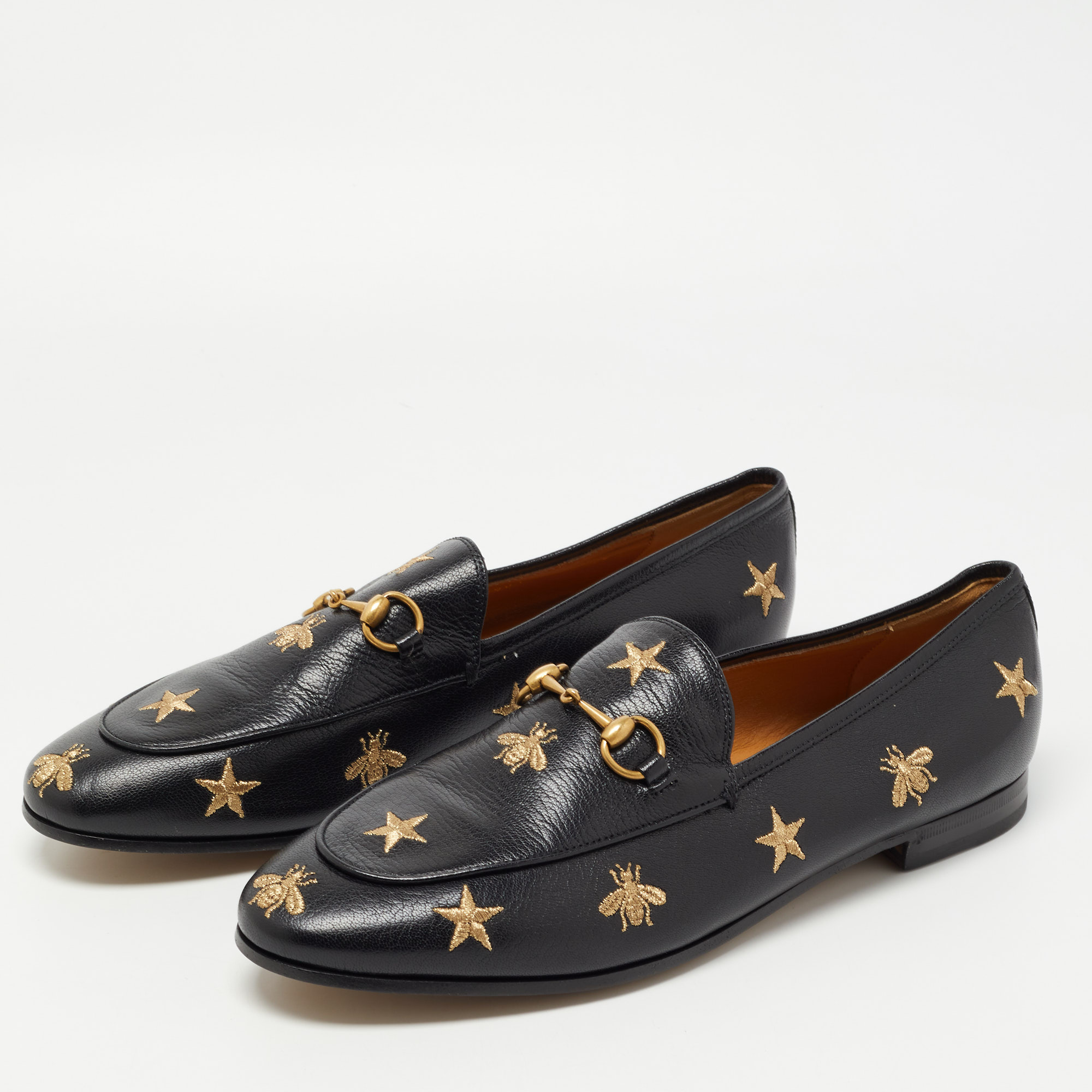 

Gucci Black Leather Embroidered Star Bee Horsebit Loafers Size