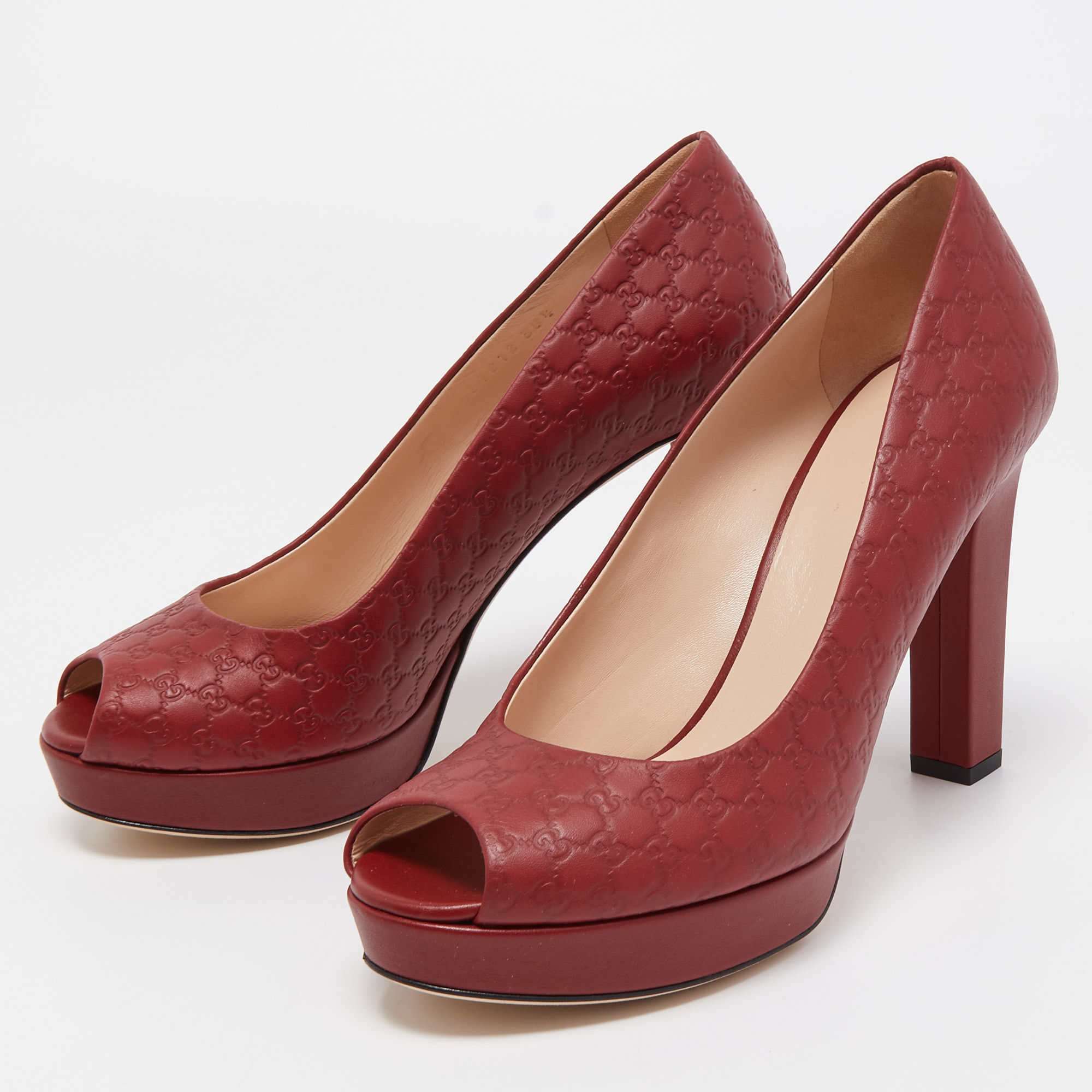 

Gucci Burgundy Guccissima Leather Peep Toe Platform Pumps Size, Red