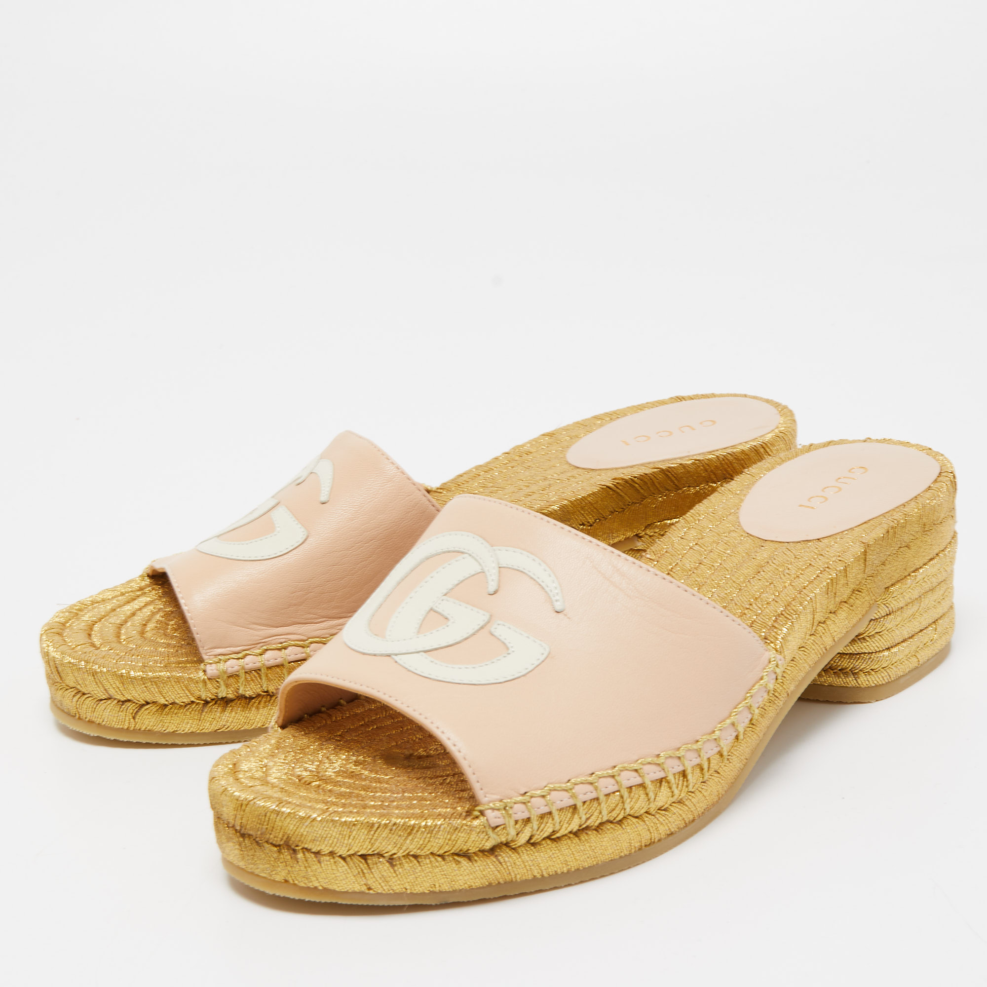 

Gucci Beige Leather GG Espadrille Slides Size