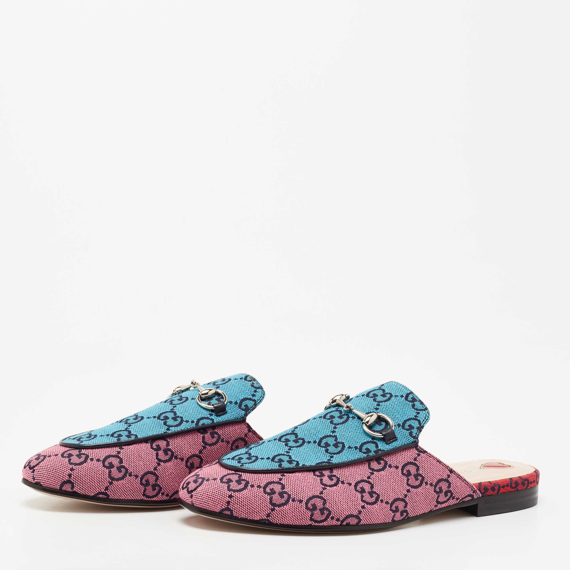 

Gucci Pink/Blue GG Canvas Princetown Mules Size