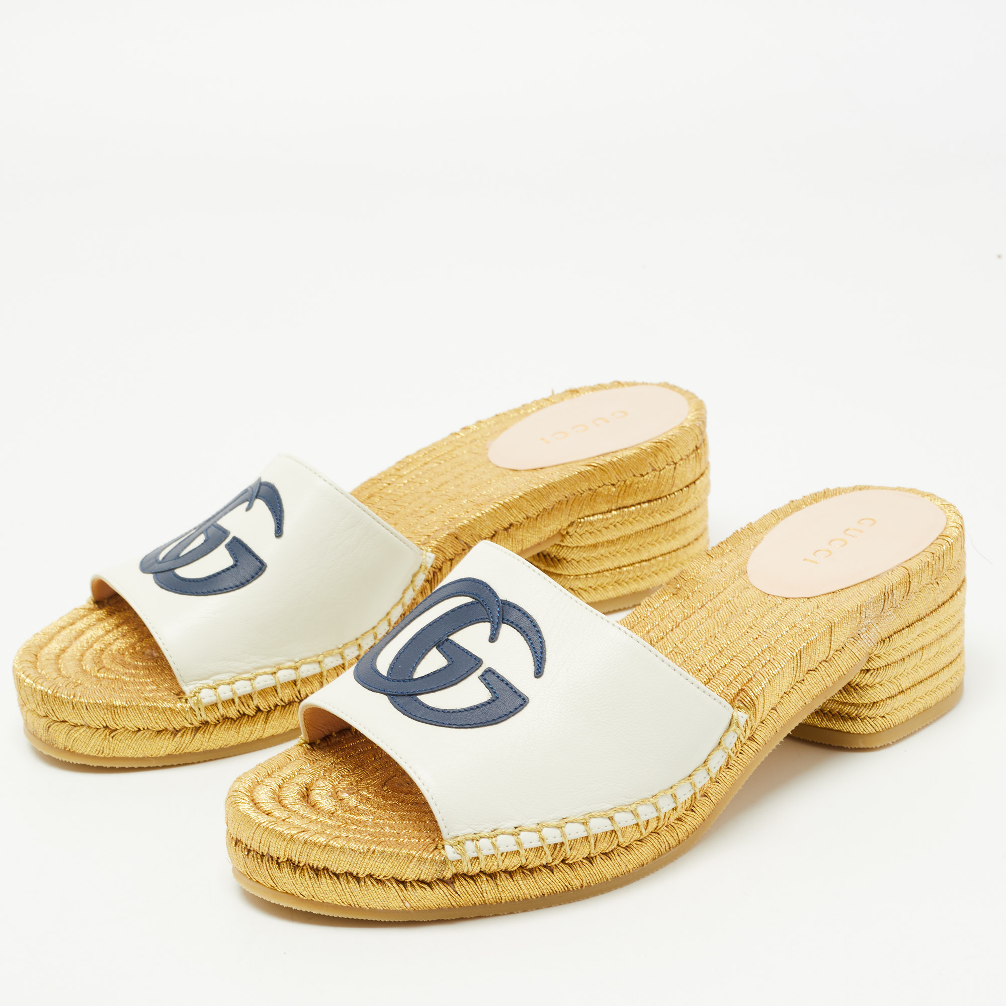 

Gucci White Leather GG Espadrille Block Heel Slide Sandals Size