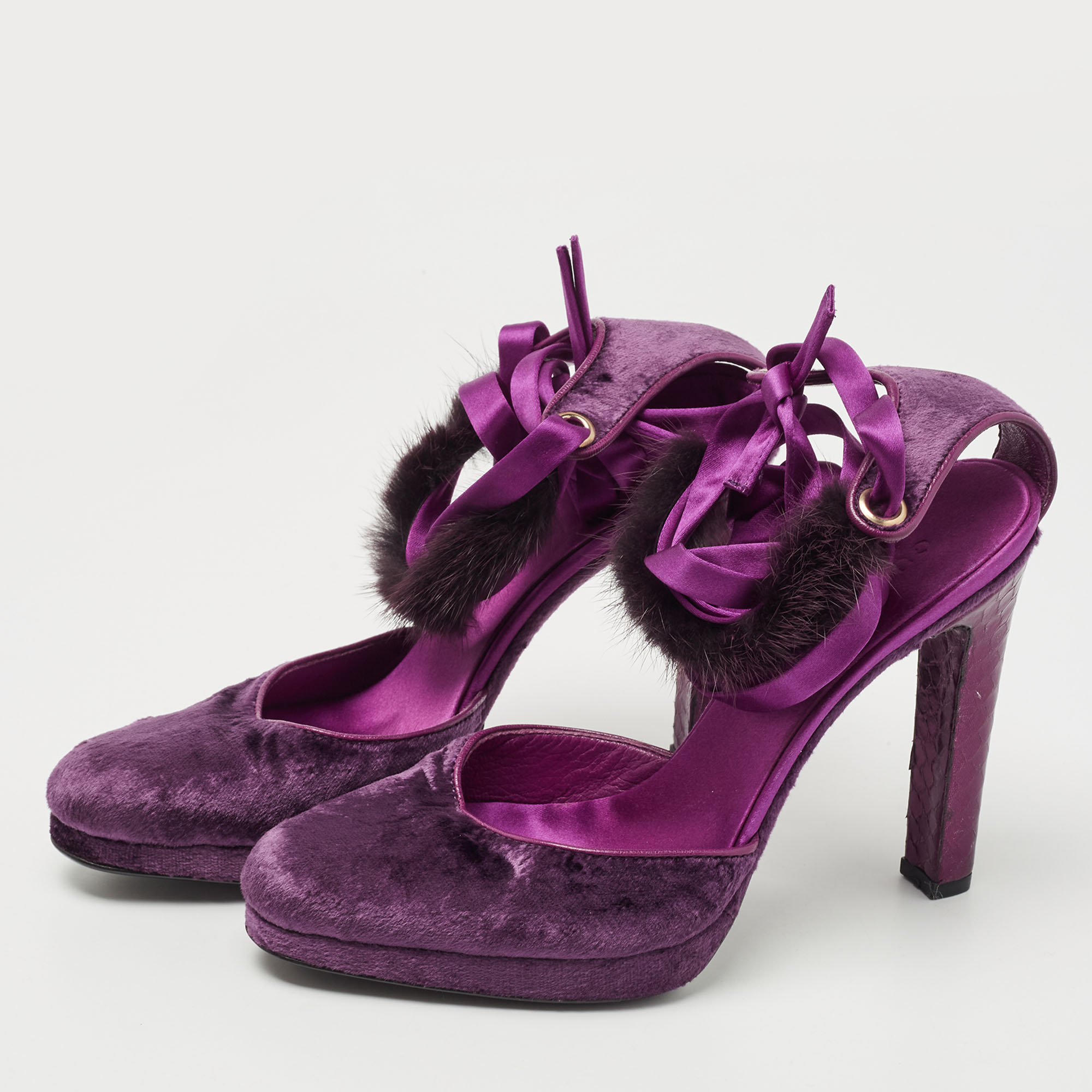 

Gucci Purple Velvet and Mink Fur Ankle Tie Pumps Size