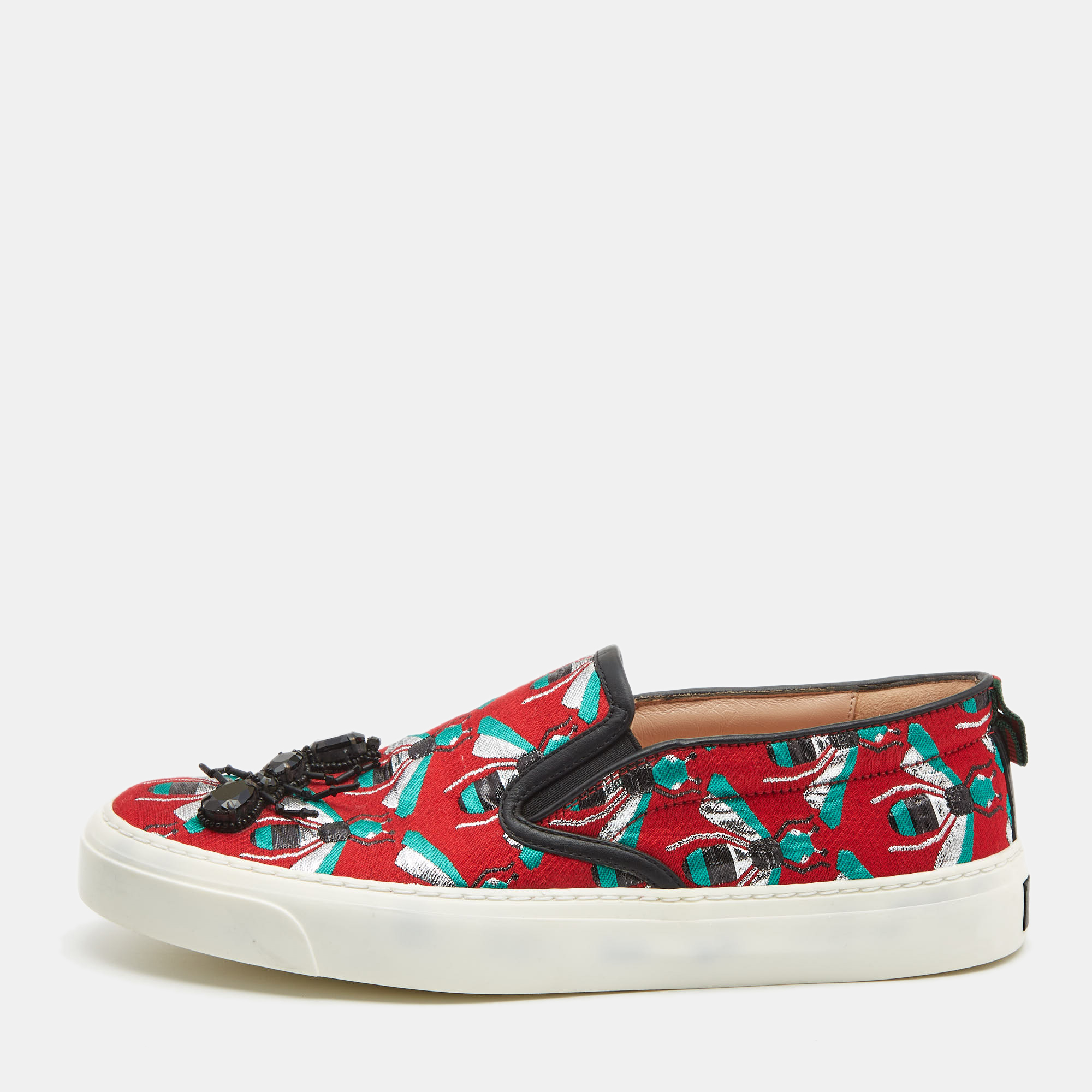 

Gucci Red Bee Jacquard Fabric and Leather Ant Embellished Slip On Sneakers Size