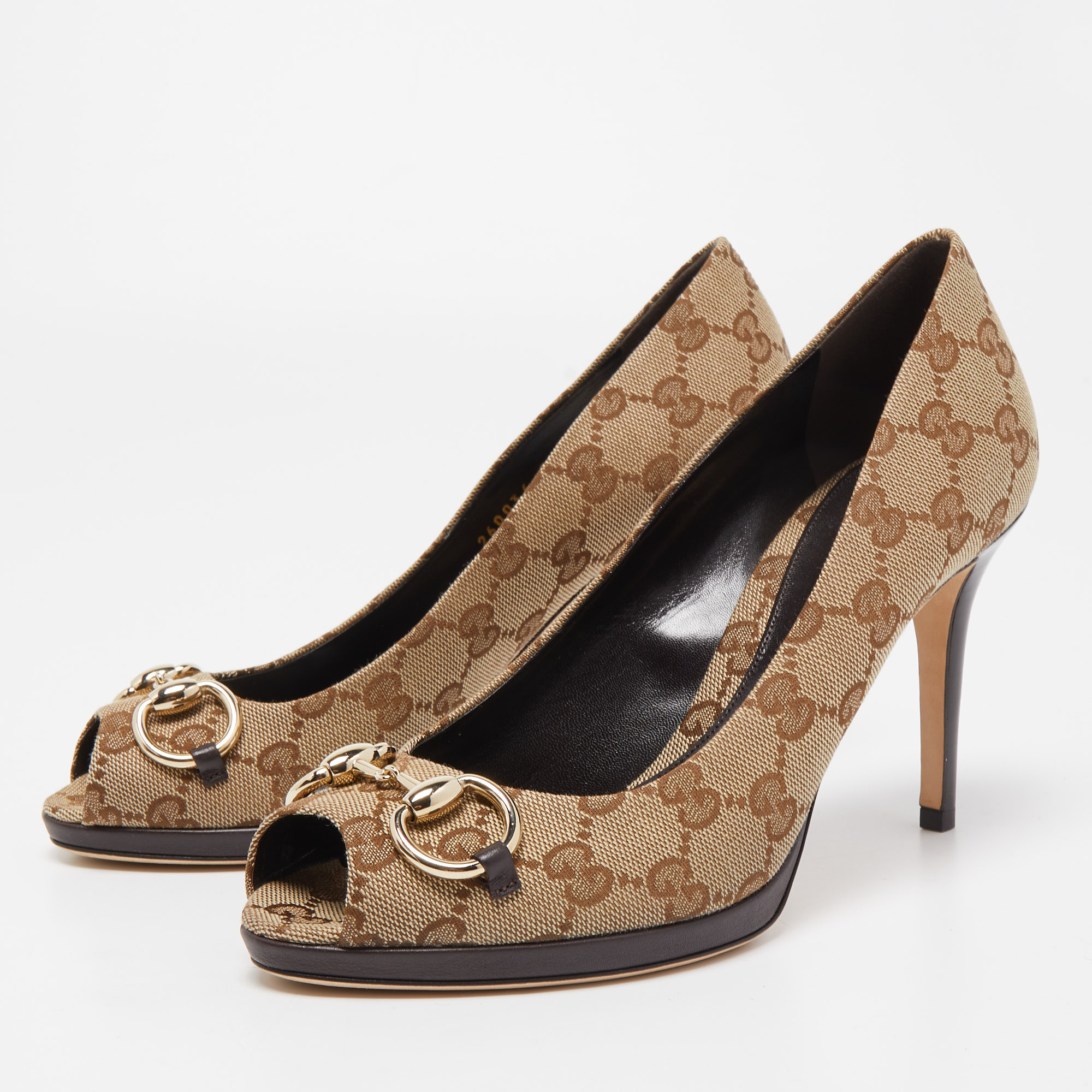 

Gucci Beige/Brown GG Canvas Hollywood Horsebit Peep Toe Pumps Size