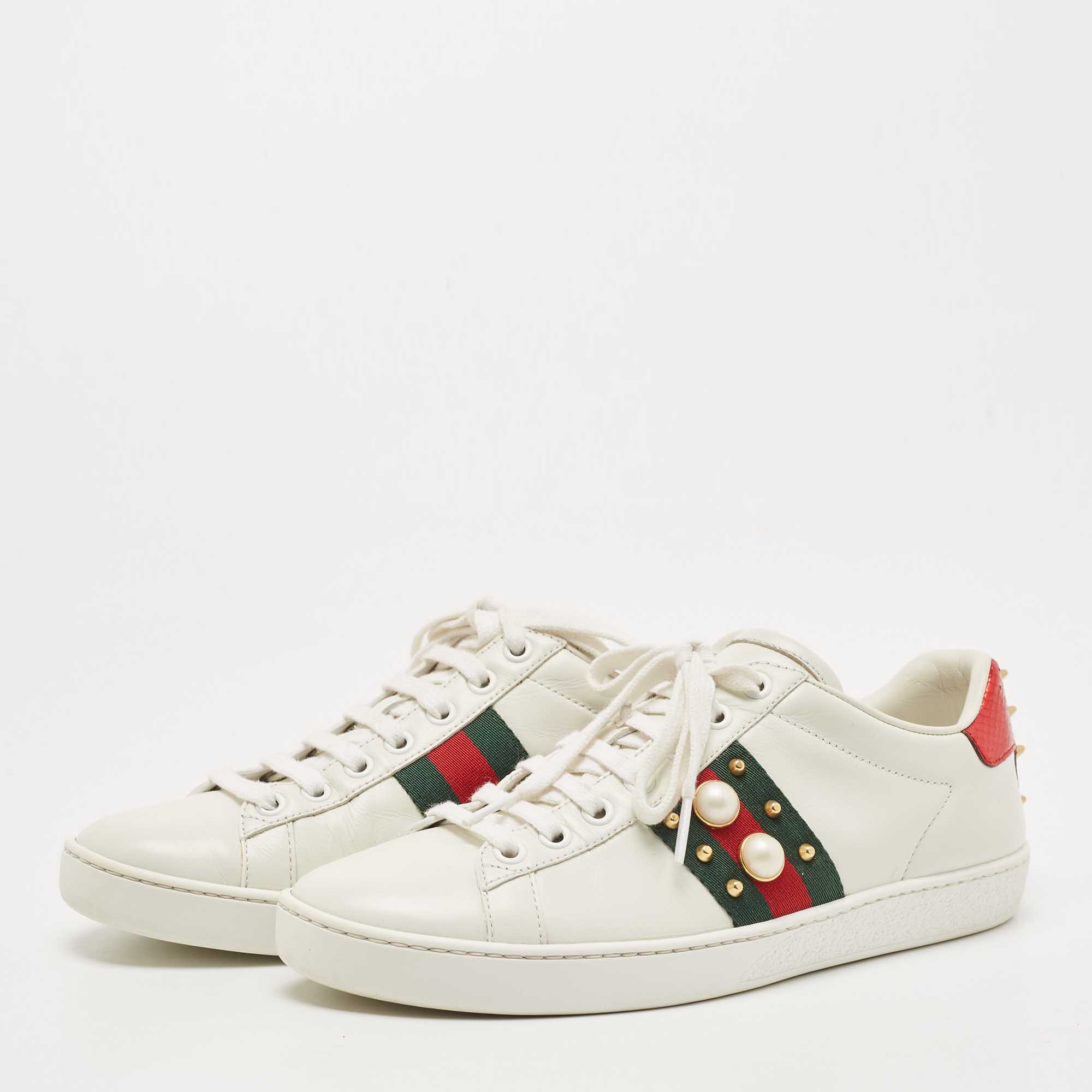 

Gucci White Leather Ace Web Faux Pearl Embellished Low Top Sneakers Size