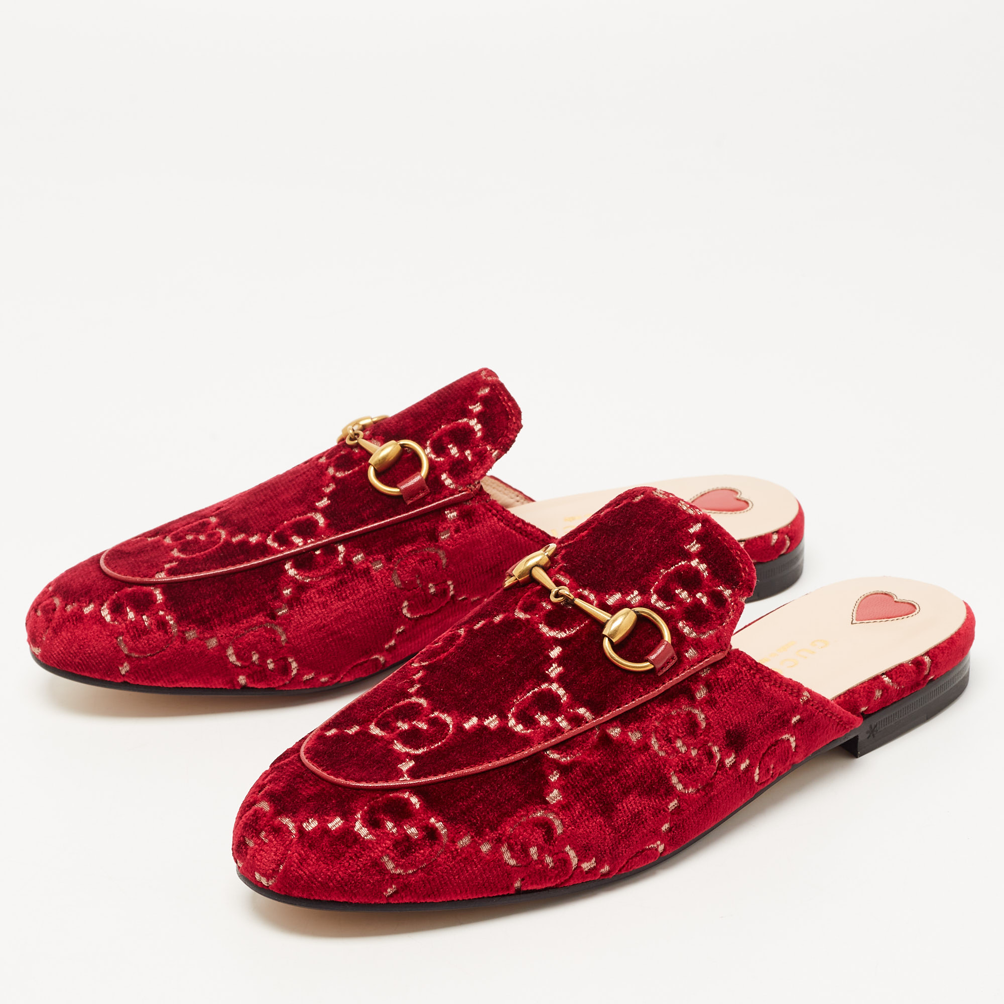 

Gucci Pink GG Velvet Princetown Flat Mules Size