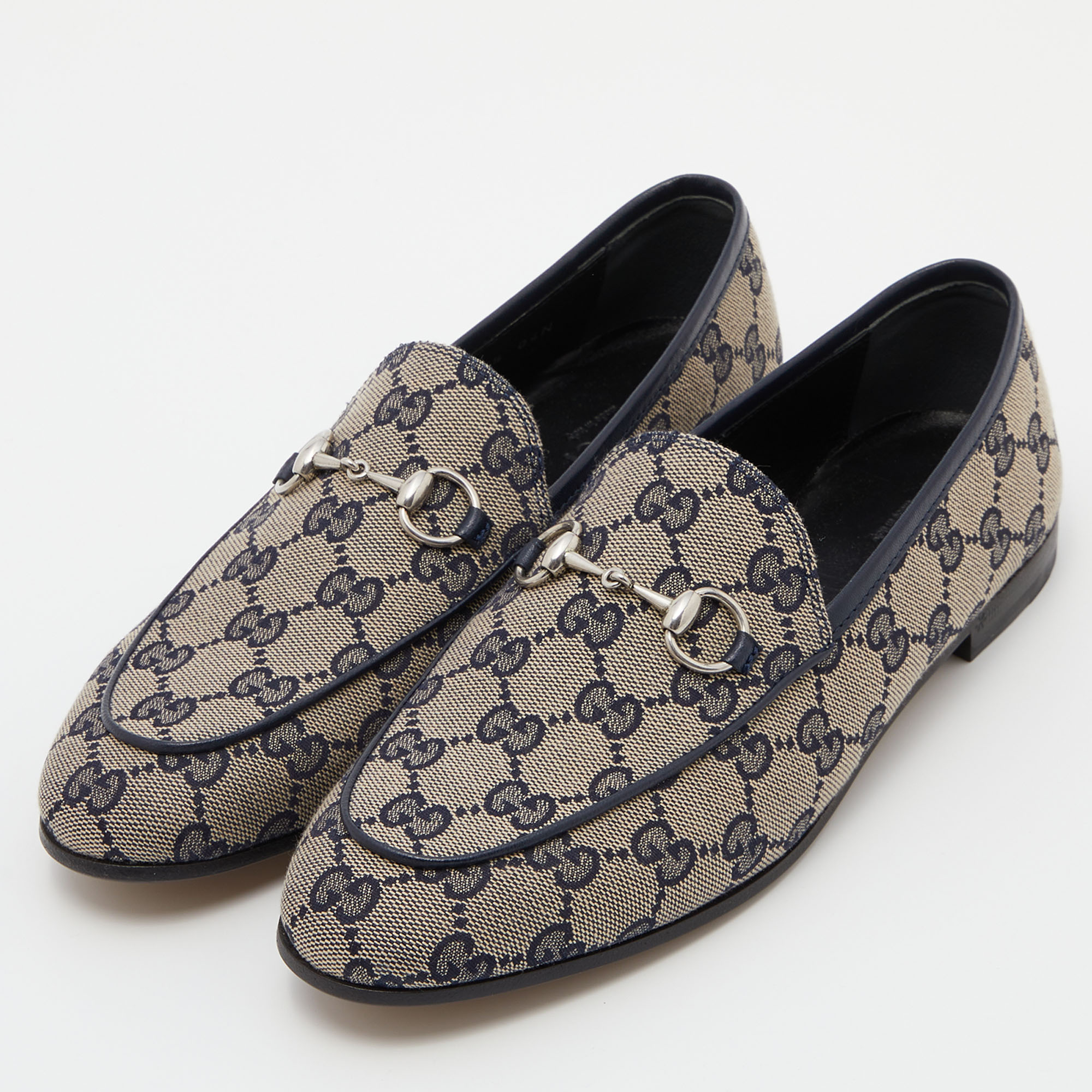 

Gucci Beige/Blue GG Canvas and Leather Jordaan Horsebit Loafers Size