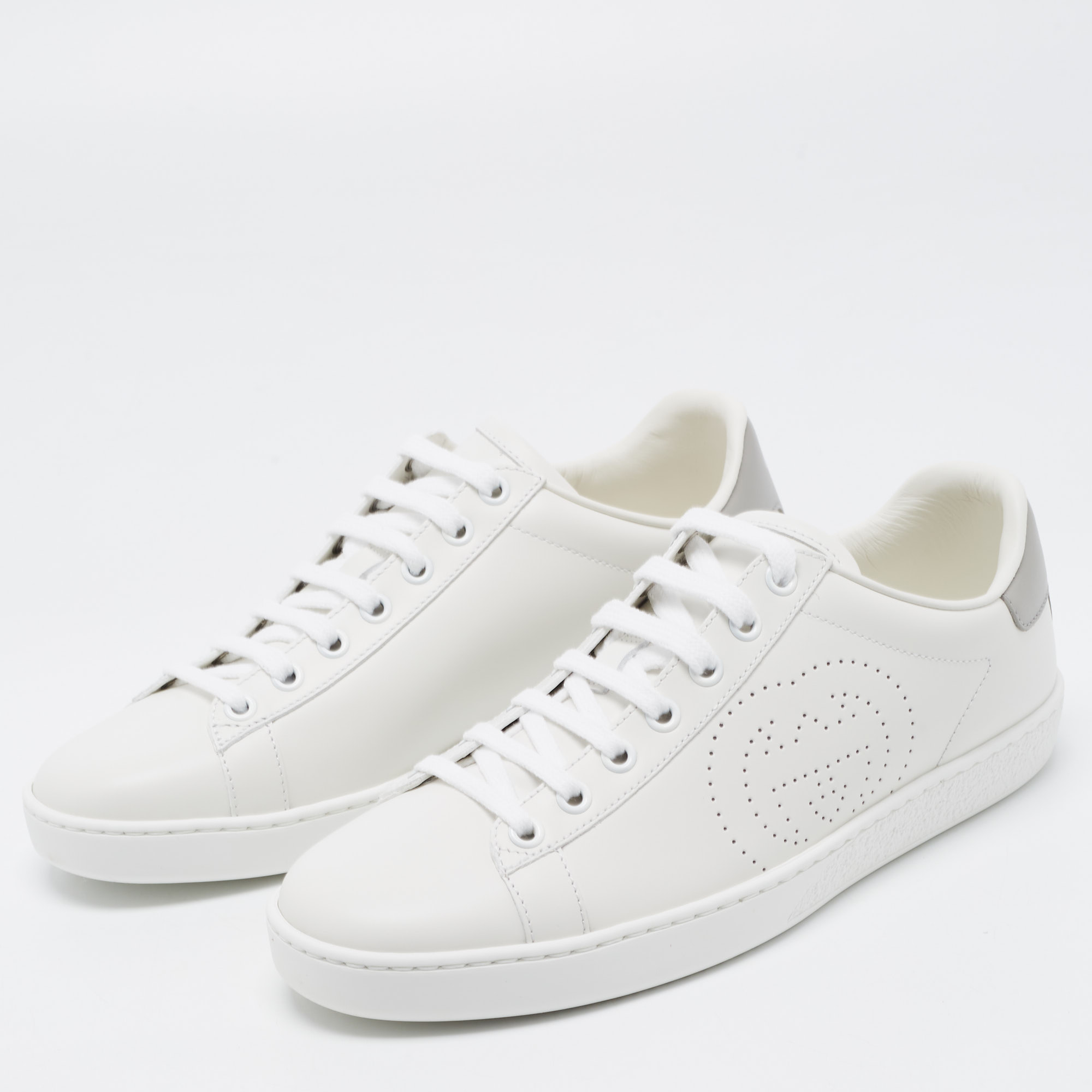 

Gucci White Perforated Interlocking G Leather Ace Low Top Sneakers Size