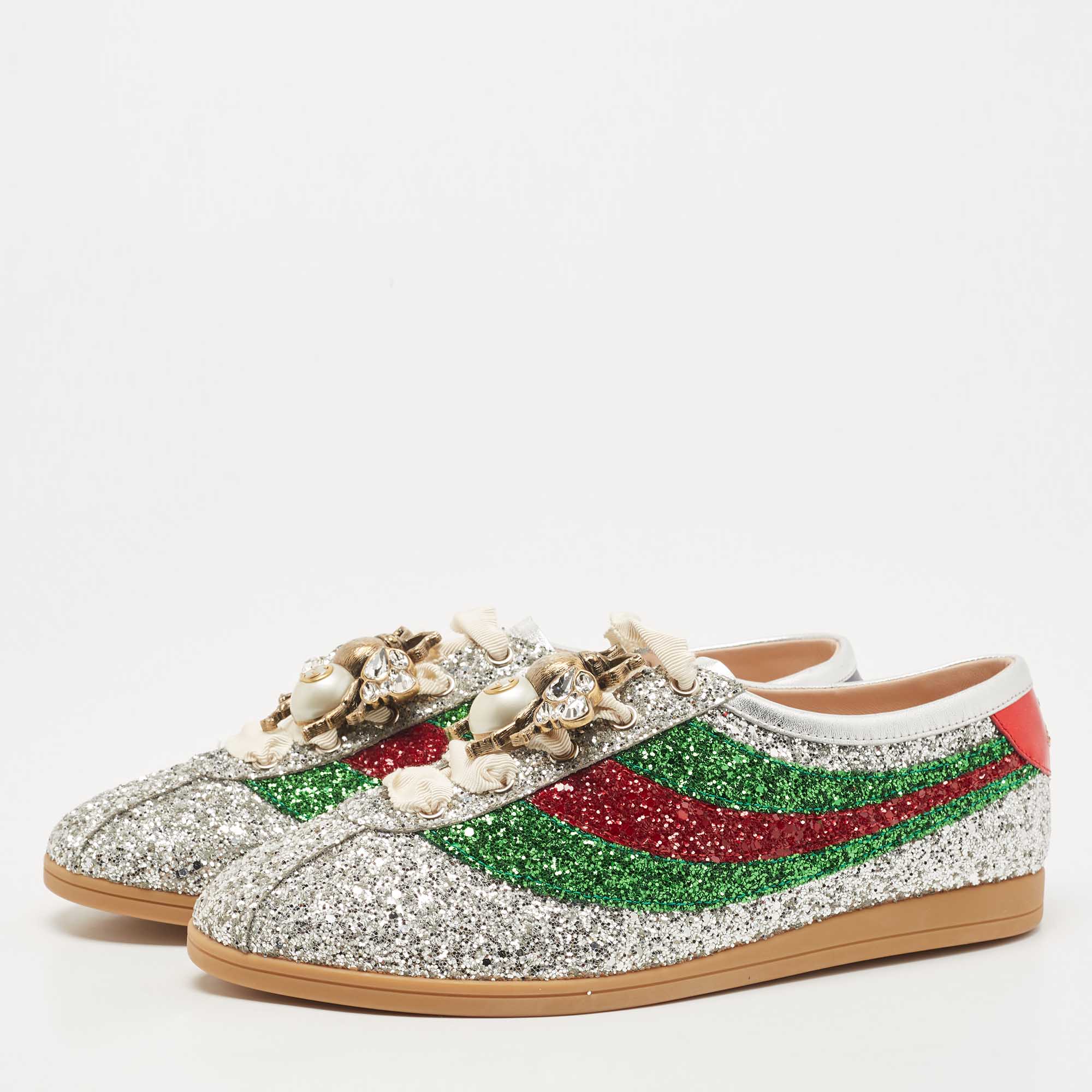 

Gucci Silver Glitter Falacer Web Pearl Embellished Bee Low Top Sneakers Size