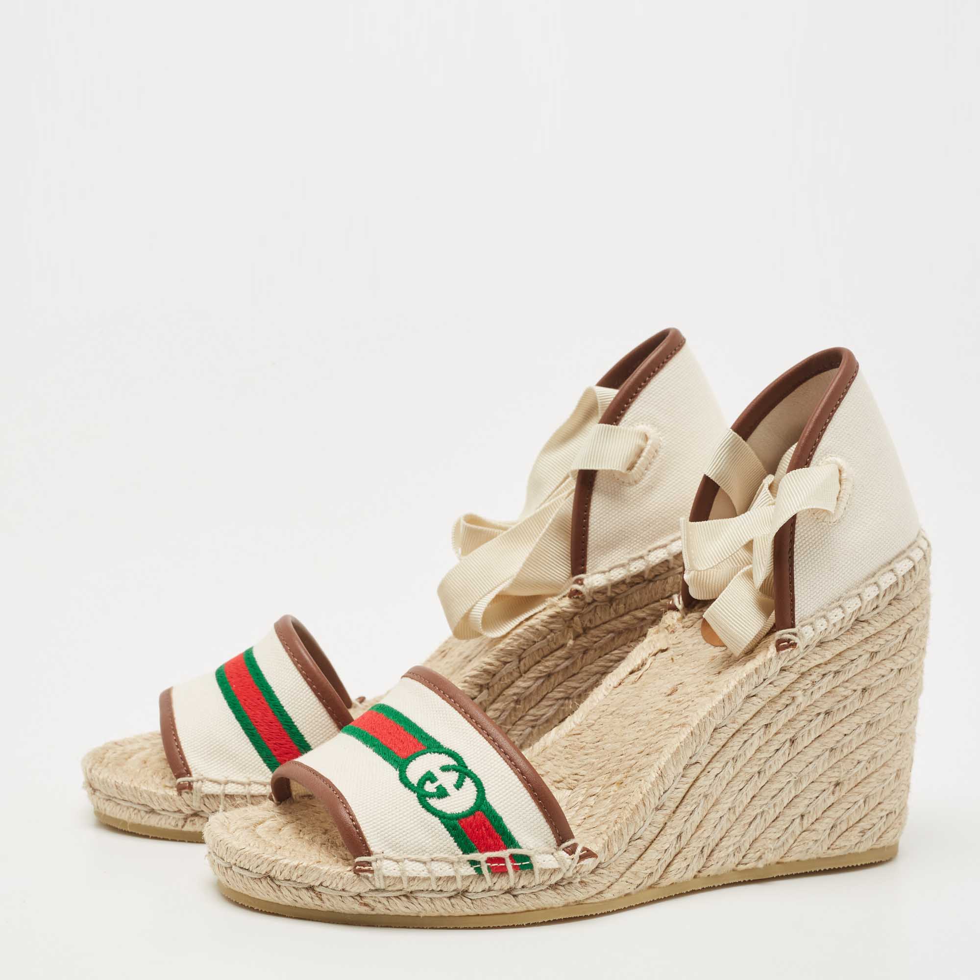 

Gucci Cream Canvas and leather Web Espadrille Wedge Sandals Size