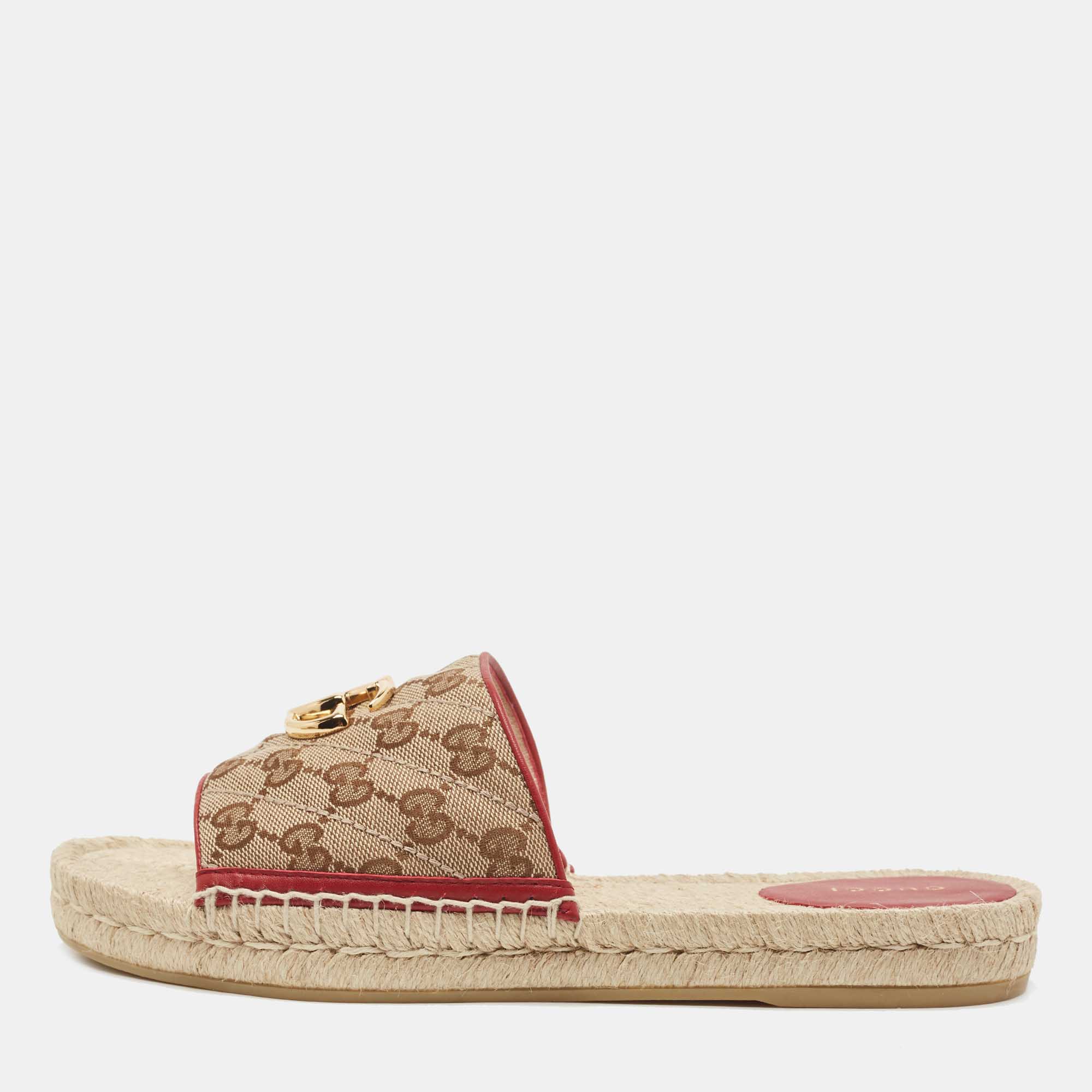 مملوكة مسبقًا Gucci Beige/Brown GG Canvas Double G Espadrille Flat Slides Size 40