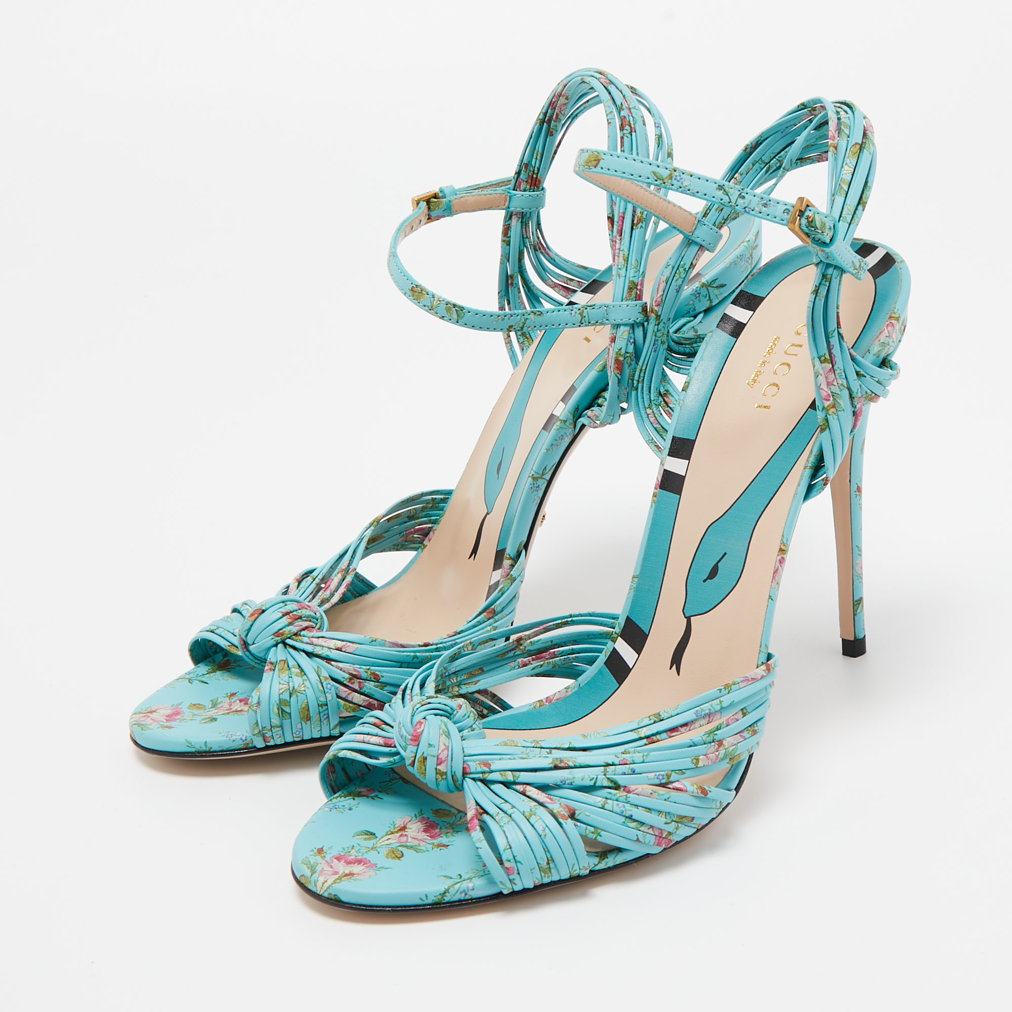 

Gucci Blue Floral Print Leather Allie Sandals Size