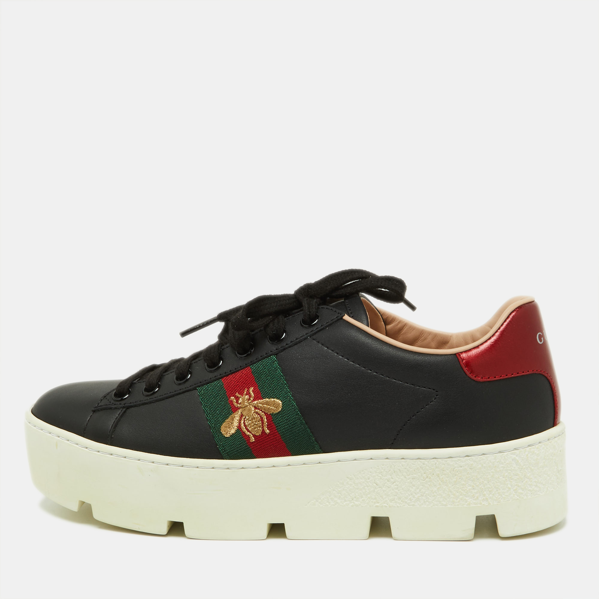 Gucci Black Leather Embroidered Bee Ace Platform Sneakers Size 37