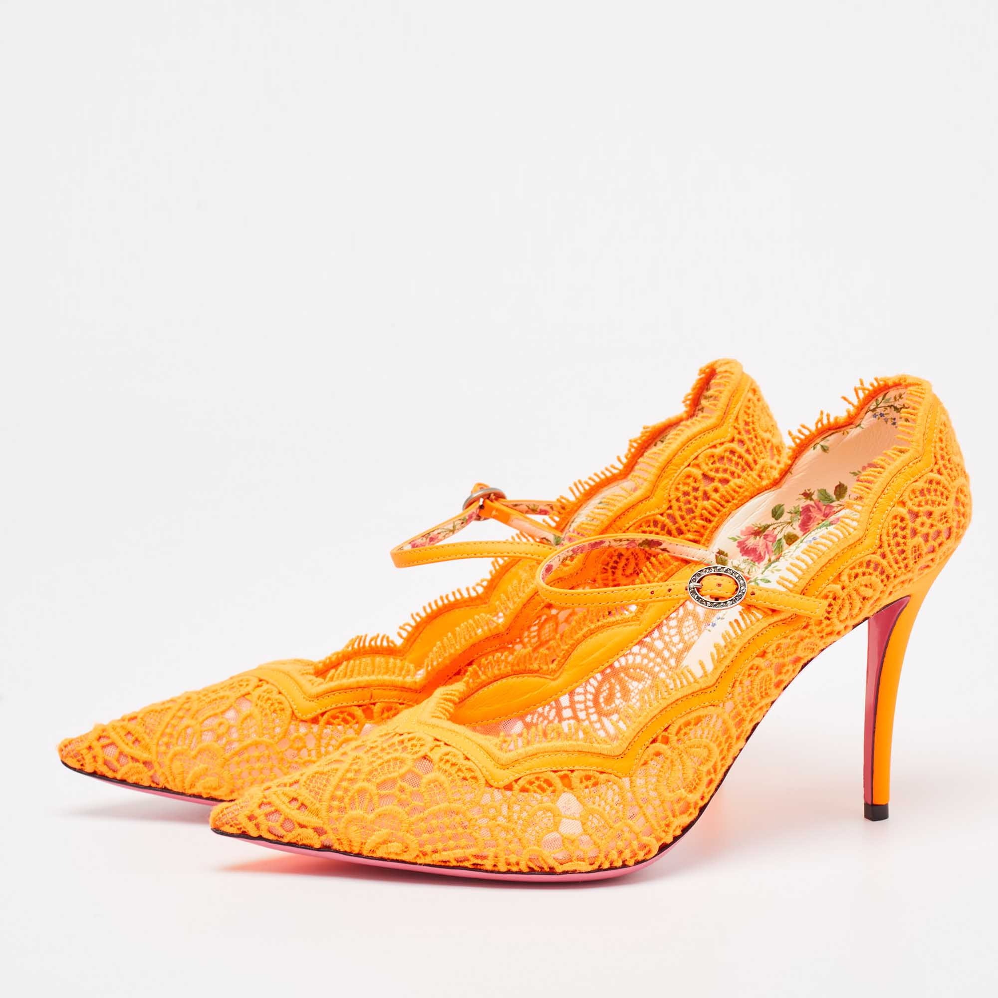 

Gucci Neon Orange Mesh and Lace Virginia Mary Jane Pumps Size