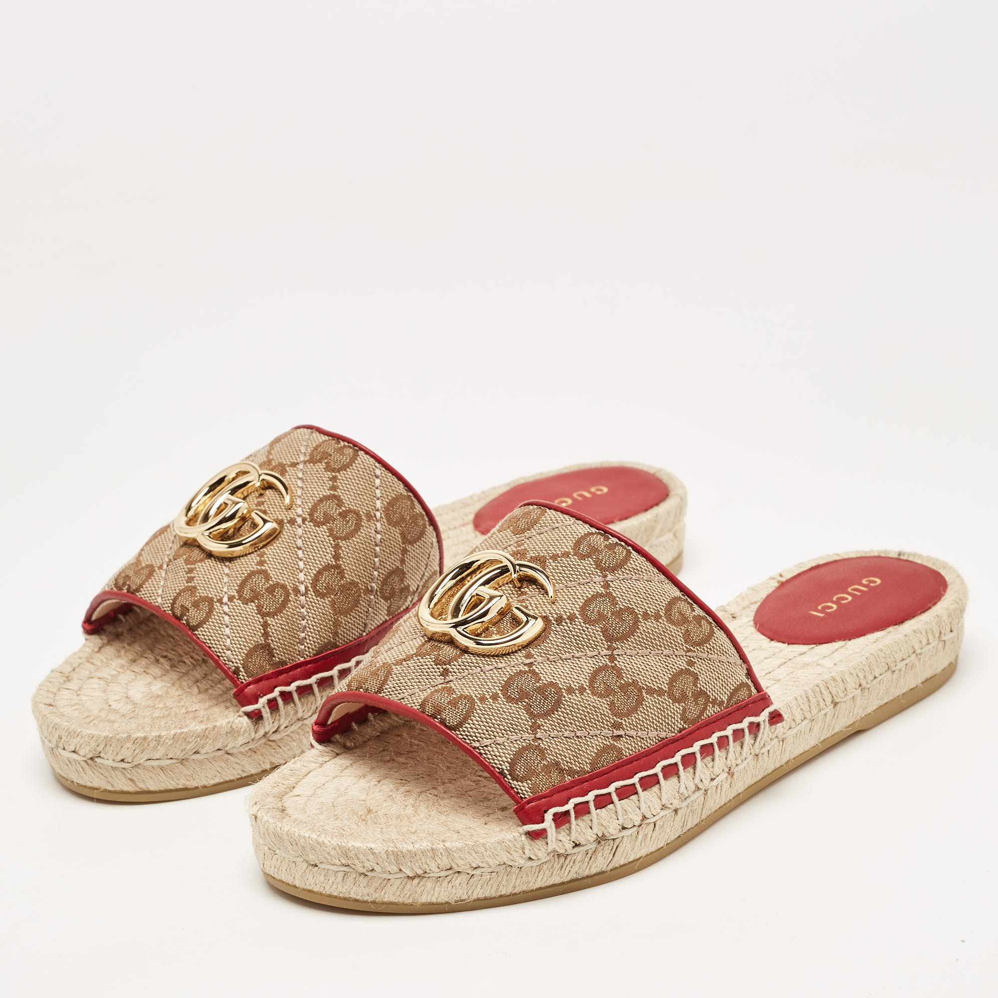 

Gucci Beige/Red GG Canvas and Leather Double G Flat Slides Size