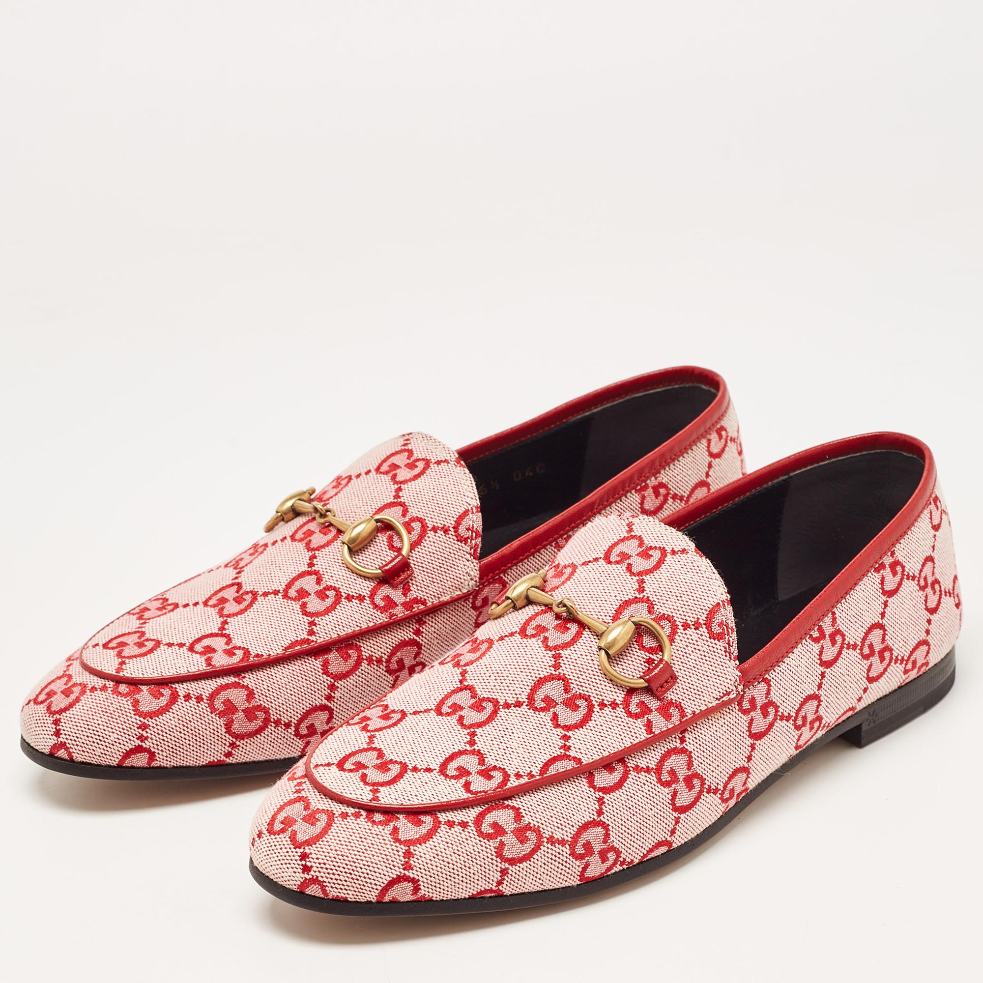

Gucci Red GG Canvas Jordaan Horsebit Loafers Size
