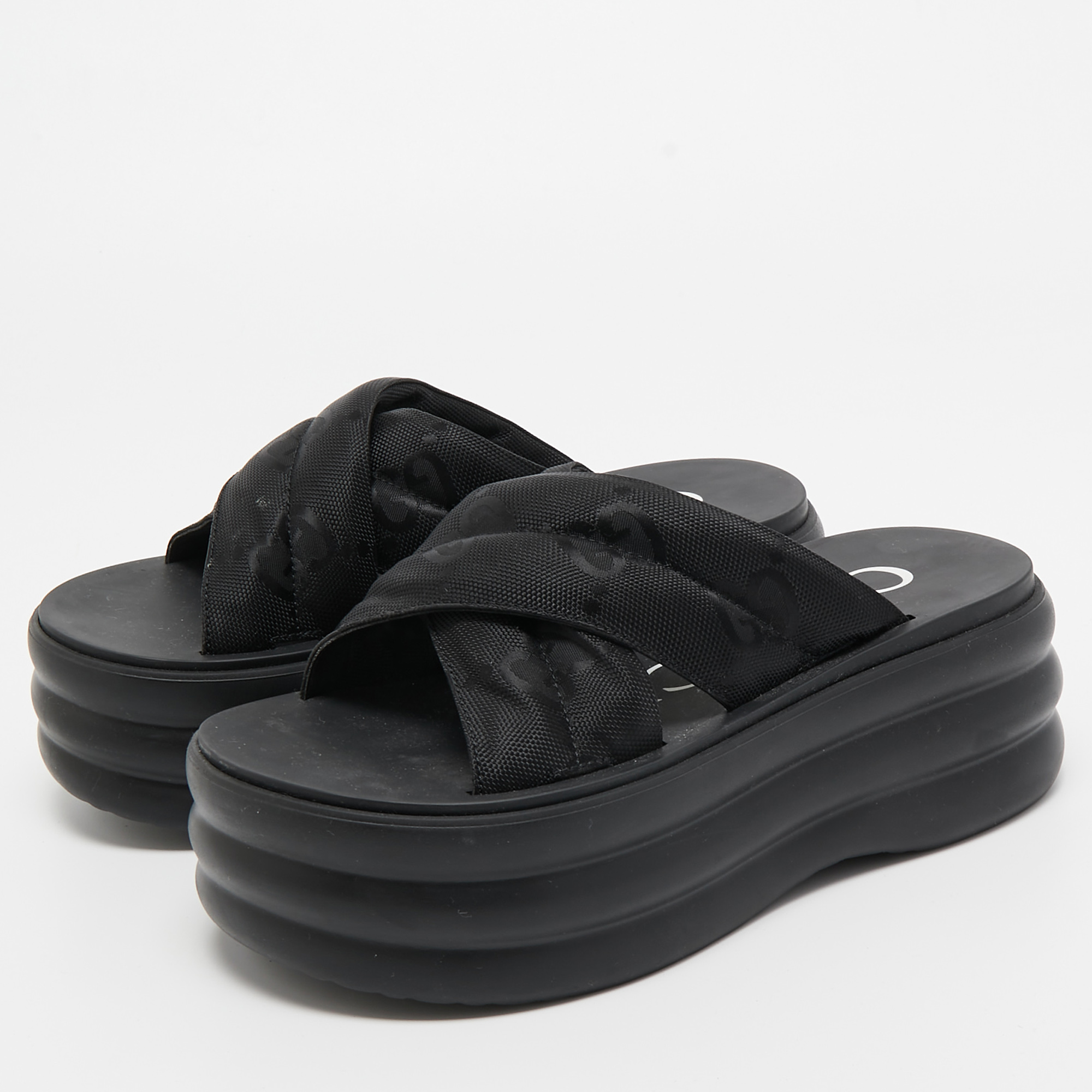 

Gucci Black GG Canvas Platform Sandals Size