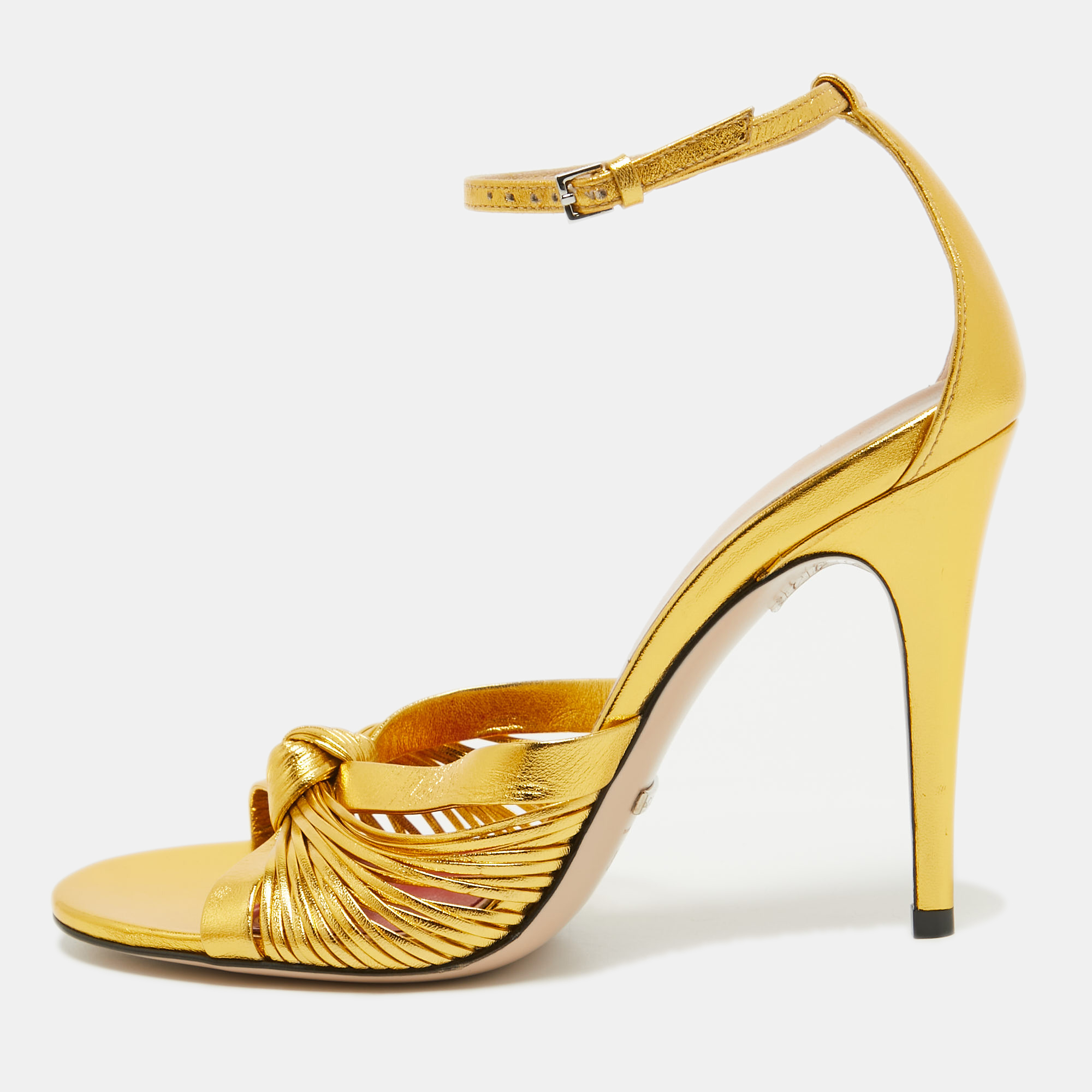 Pre-owned Gucci Metallic Gold Leather Allie Ankle Strap Sandals Size 38.5