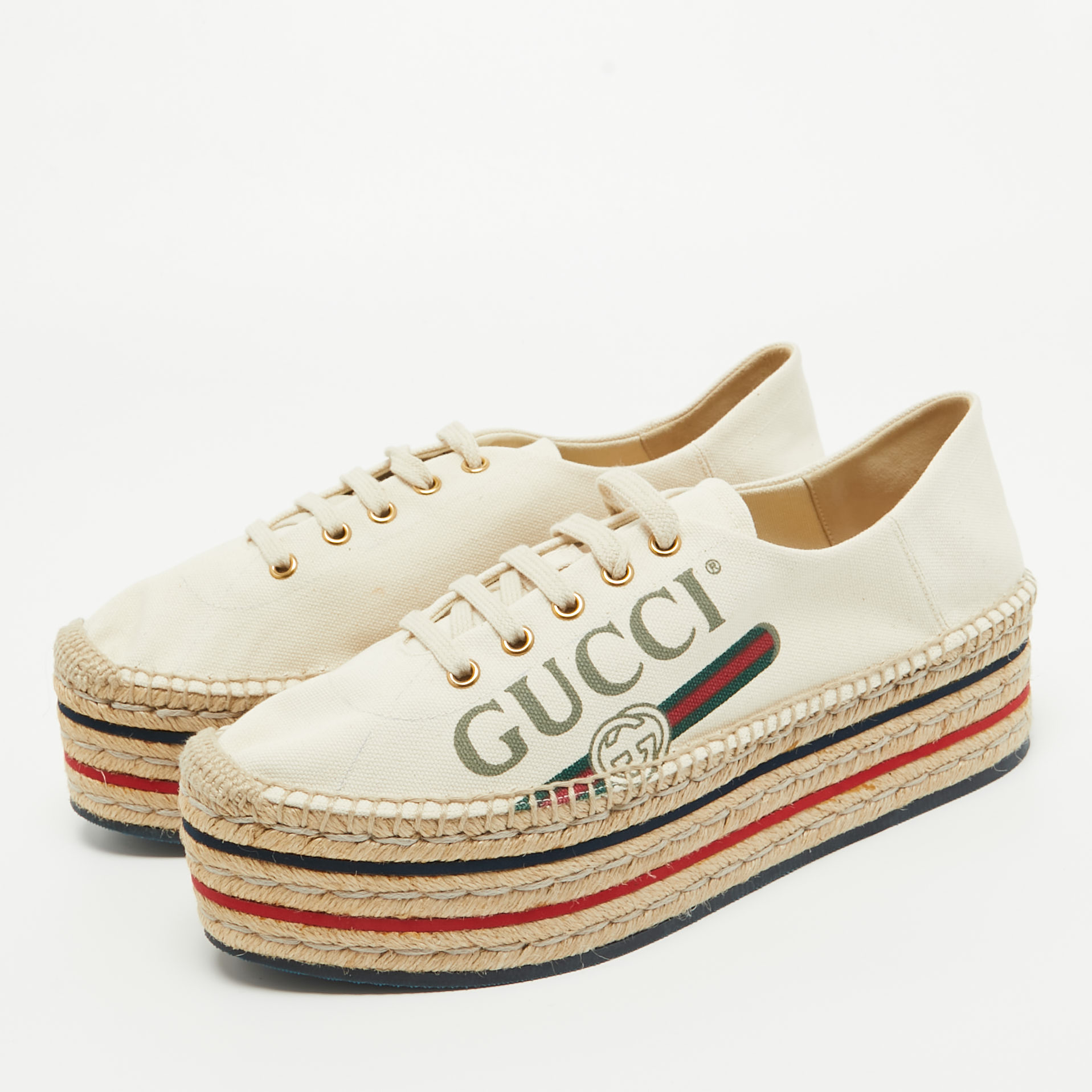 

Gucci Cream Canvas Logo Print Espadrille Platform Sneakers Size