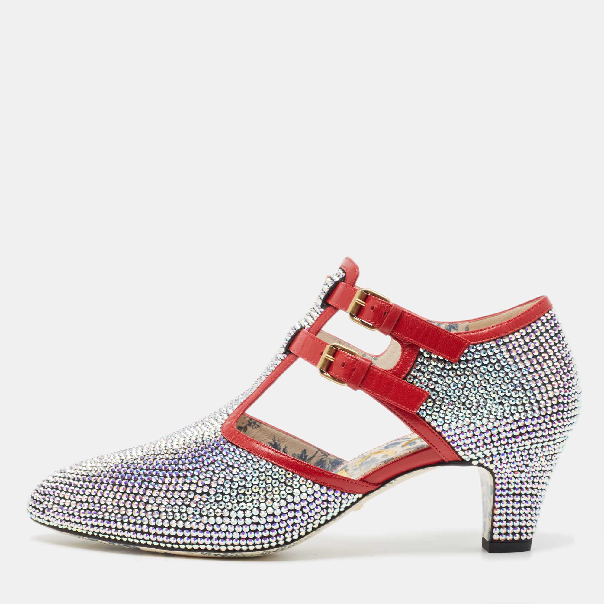 

Gucci Metallic/Red Crystal Embellished Fabric and Leather T-Bar Pumps Size