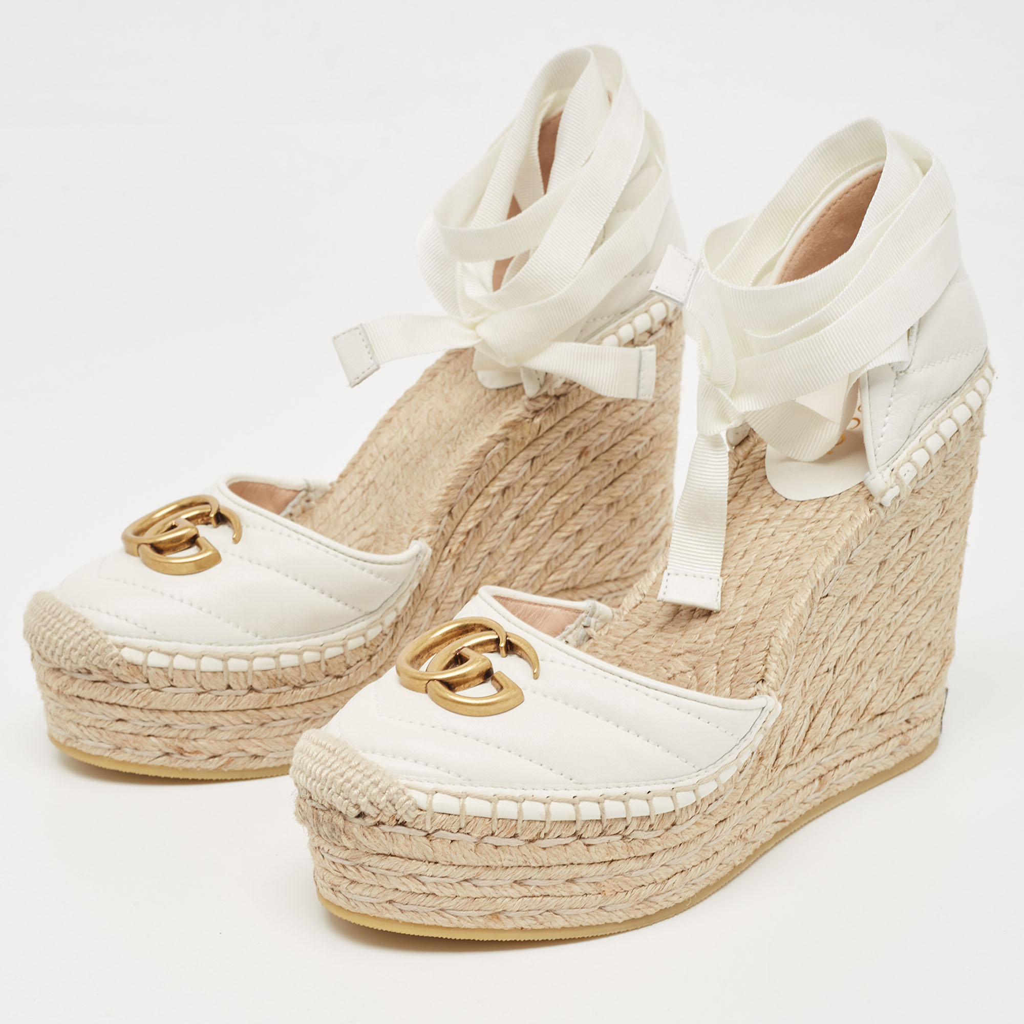 

Gucci White Leather GG Marmont Wedge Sandals Size