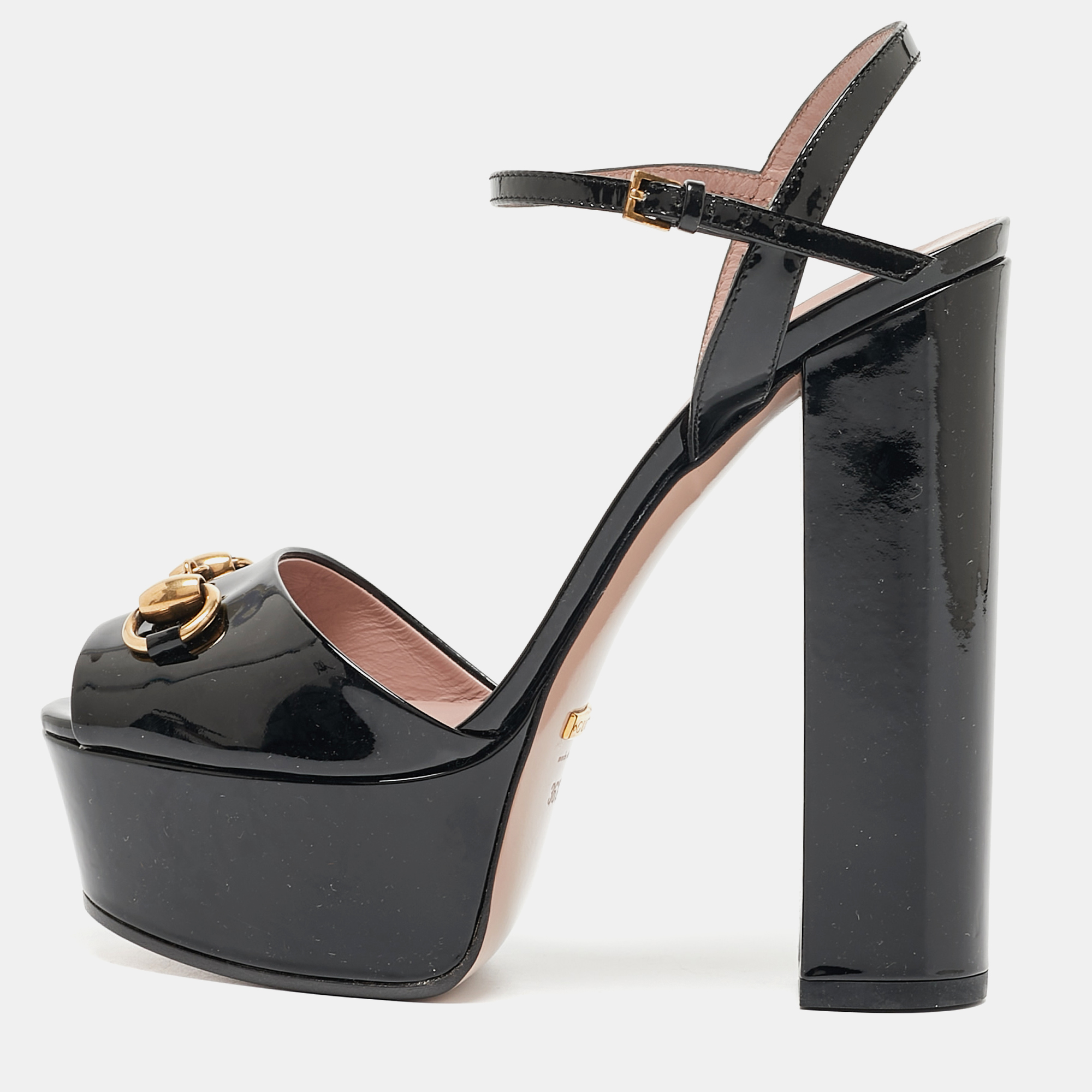 Pre-owned Gucci Black Patent Claudie Ankle Strap Sandals Size 36.5