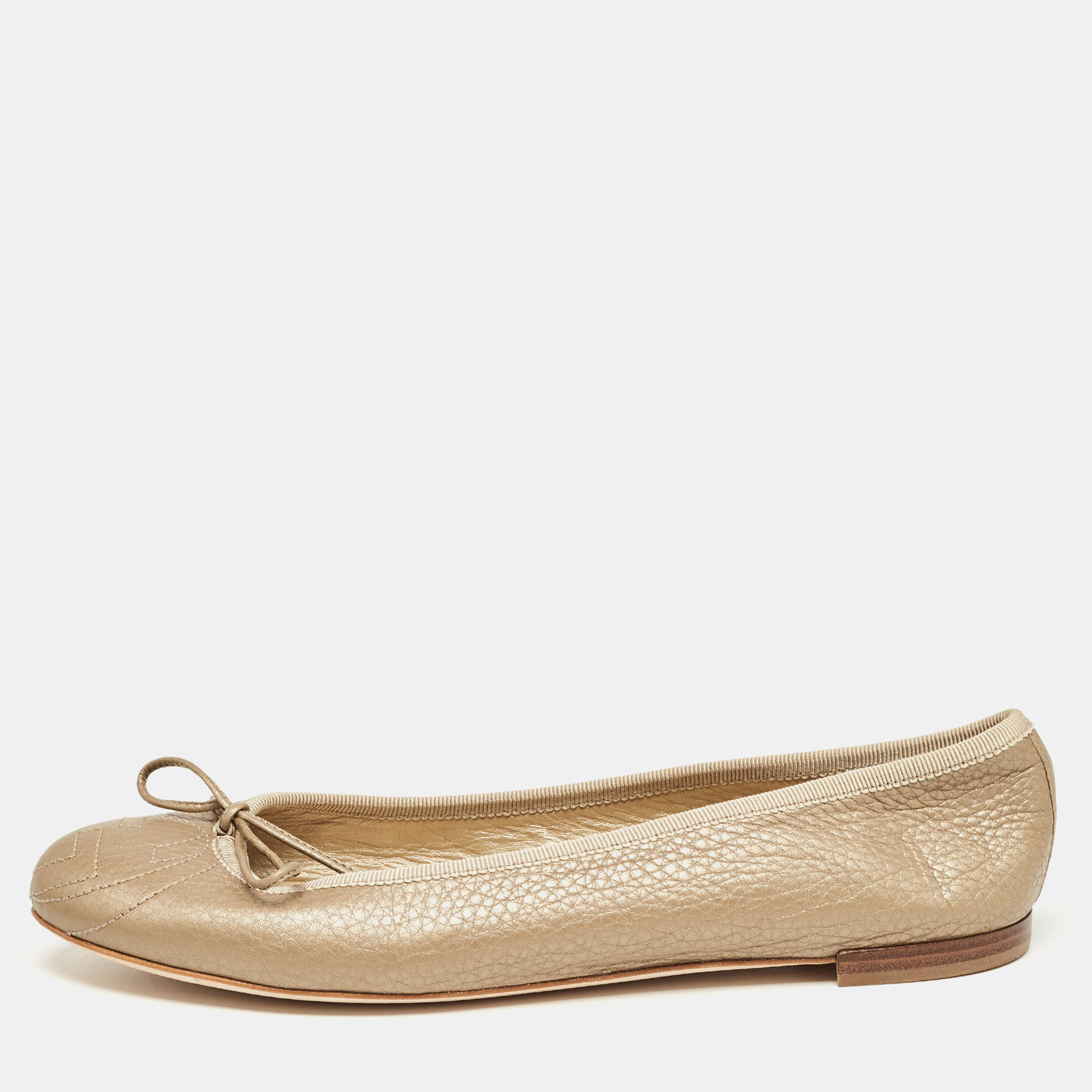 Pre-owned Gucci Gold Leather Interlocking G Detail Ballet Flats Size 38.5