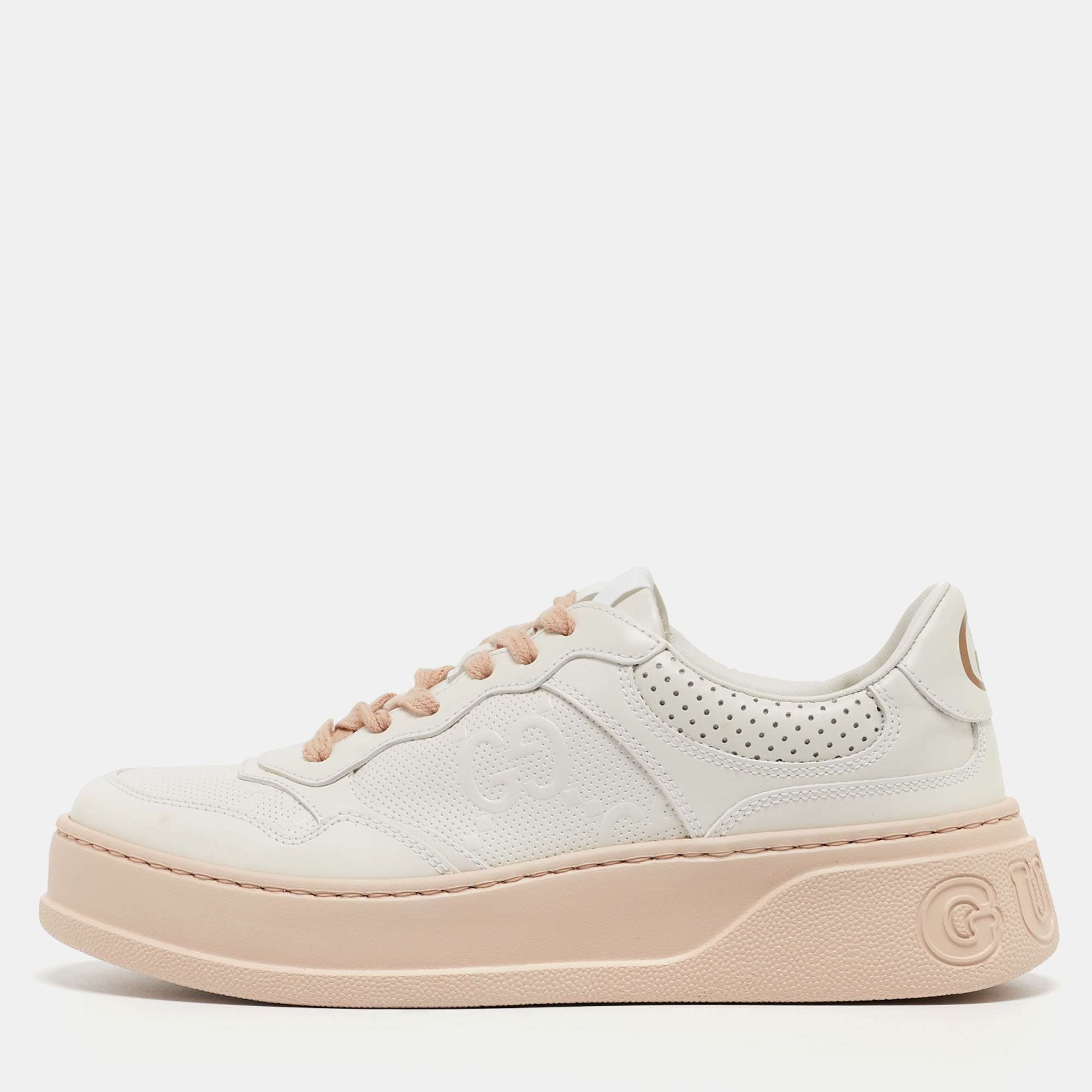 Pre Owned Gucci White GG Embossed Leather Low Top Sneakers Size 38.5