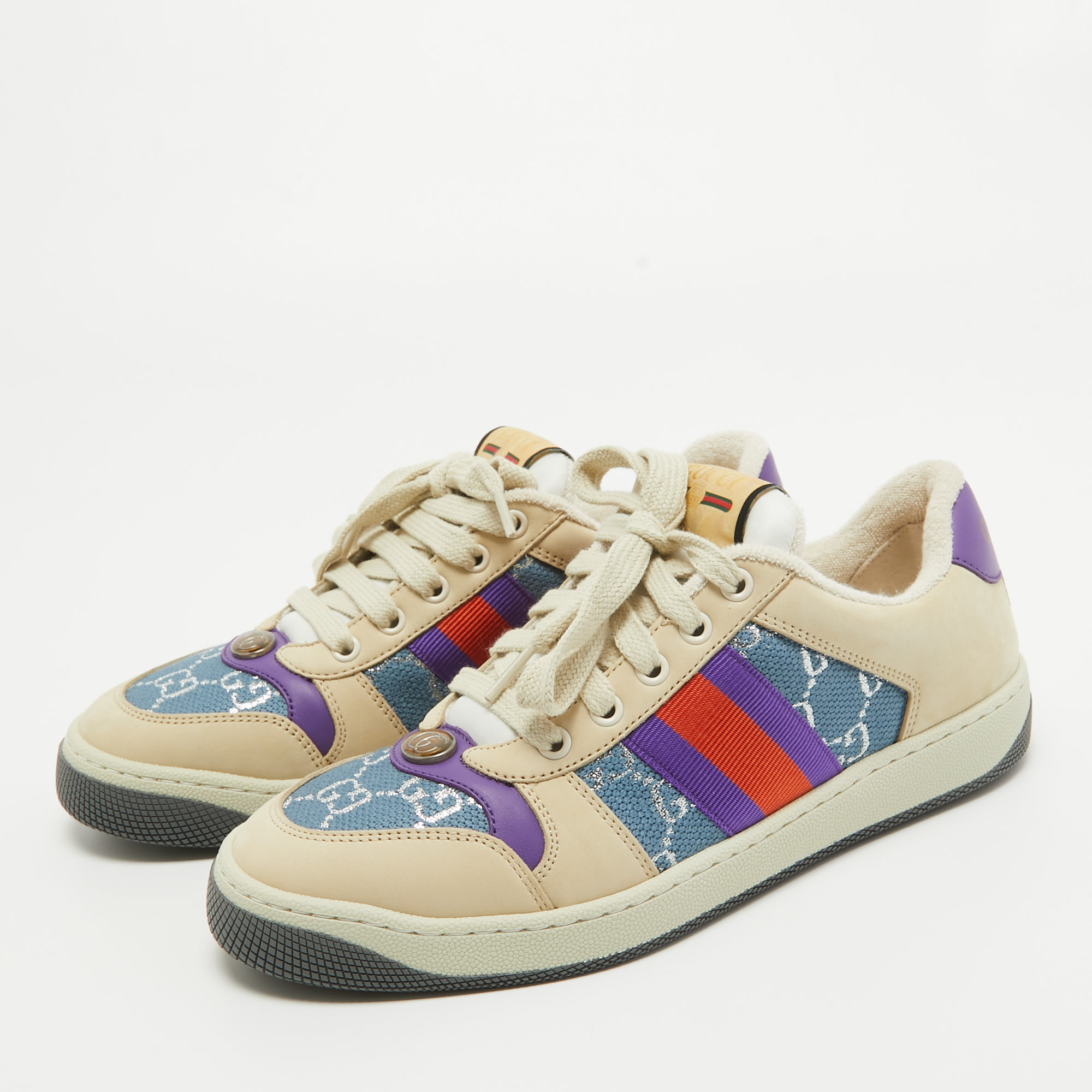 

Gucci Multicolor Leather and GG Canvas Screener Low Top Sneakers Size