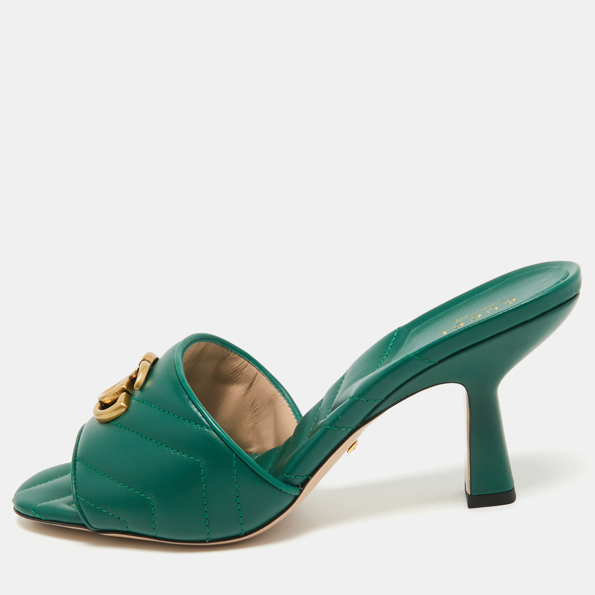 

Gucci Green Matelassé Leather Double G Slide Sandals Size