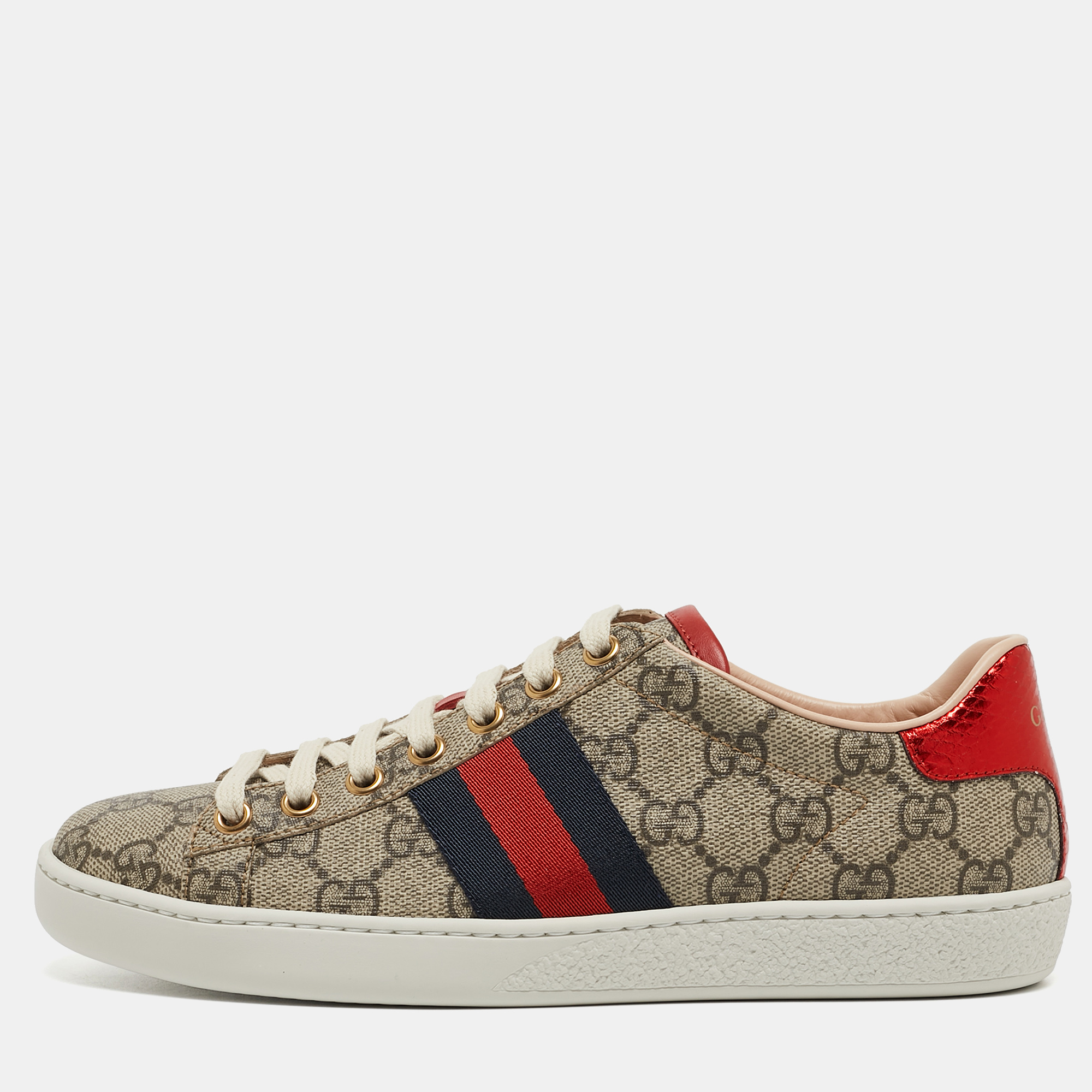 Pre Owned Gucci Beige/Brown GG Supreme Canvas Ace Sneakers Size 36