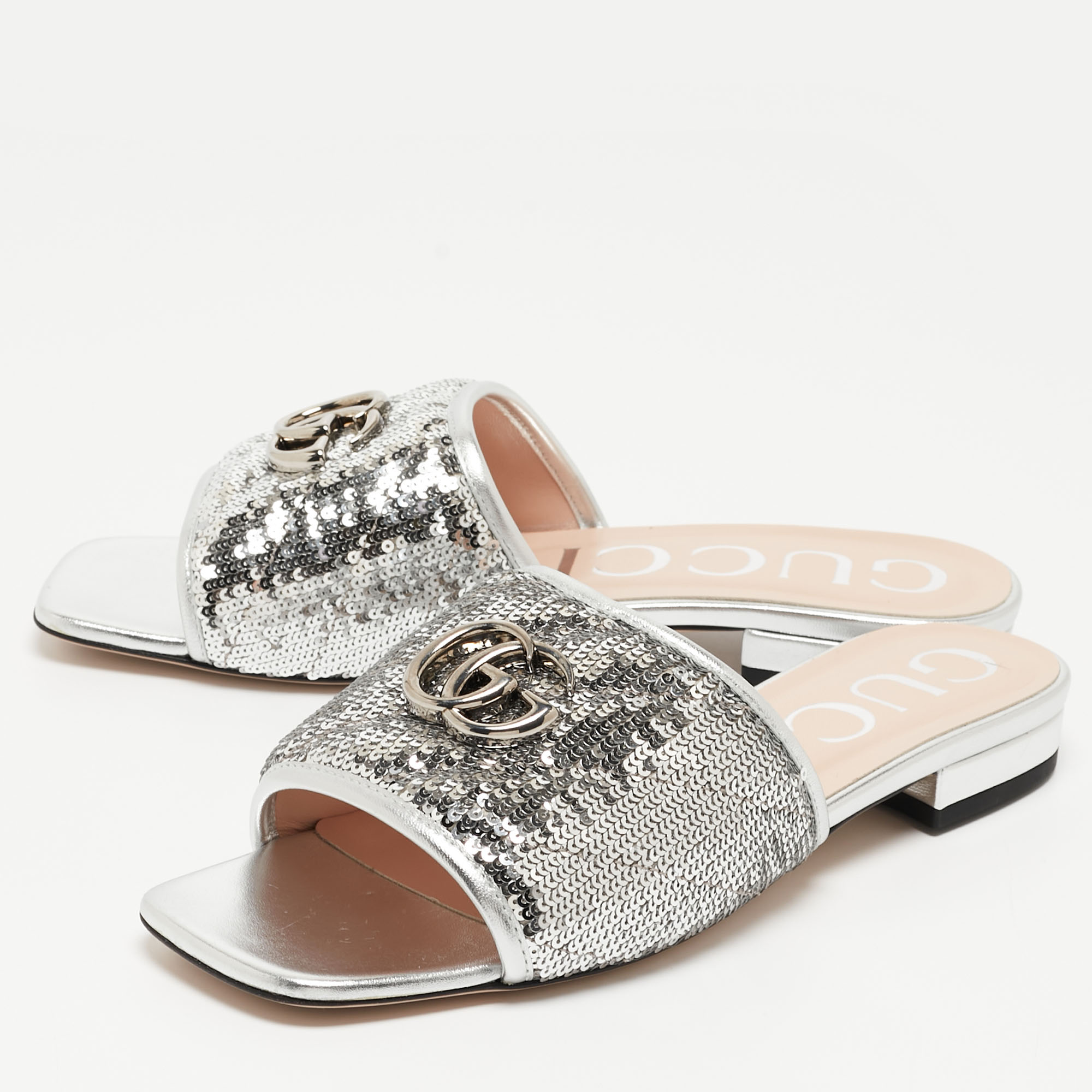 

Gucci Silver Leather and Sequins Double G Flat Slides Size