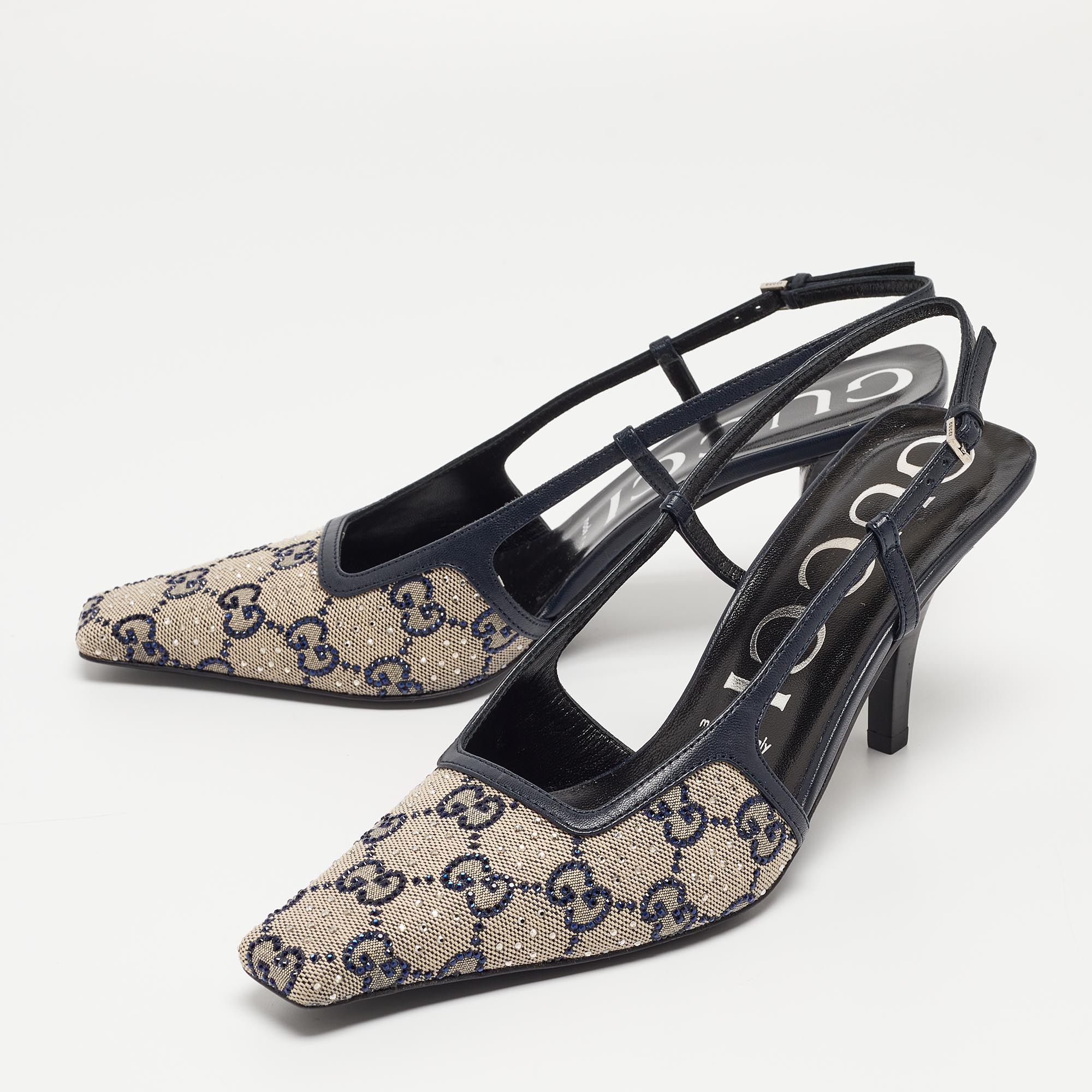 

Gucci Beige/Blue GG Canvas and Leather Crystal Embellished Slingback Pumps Size