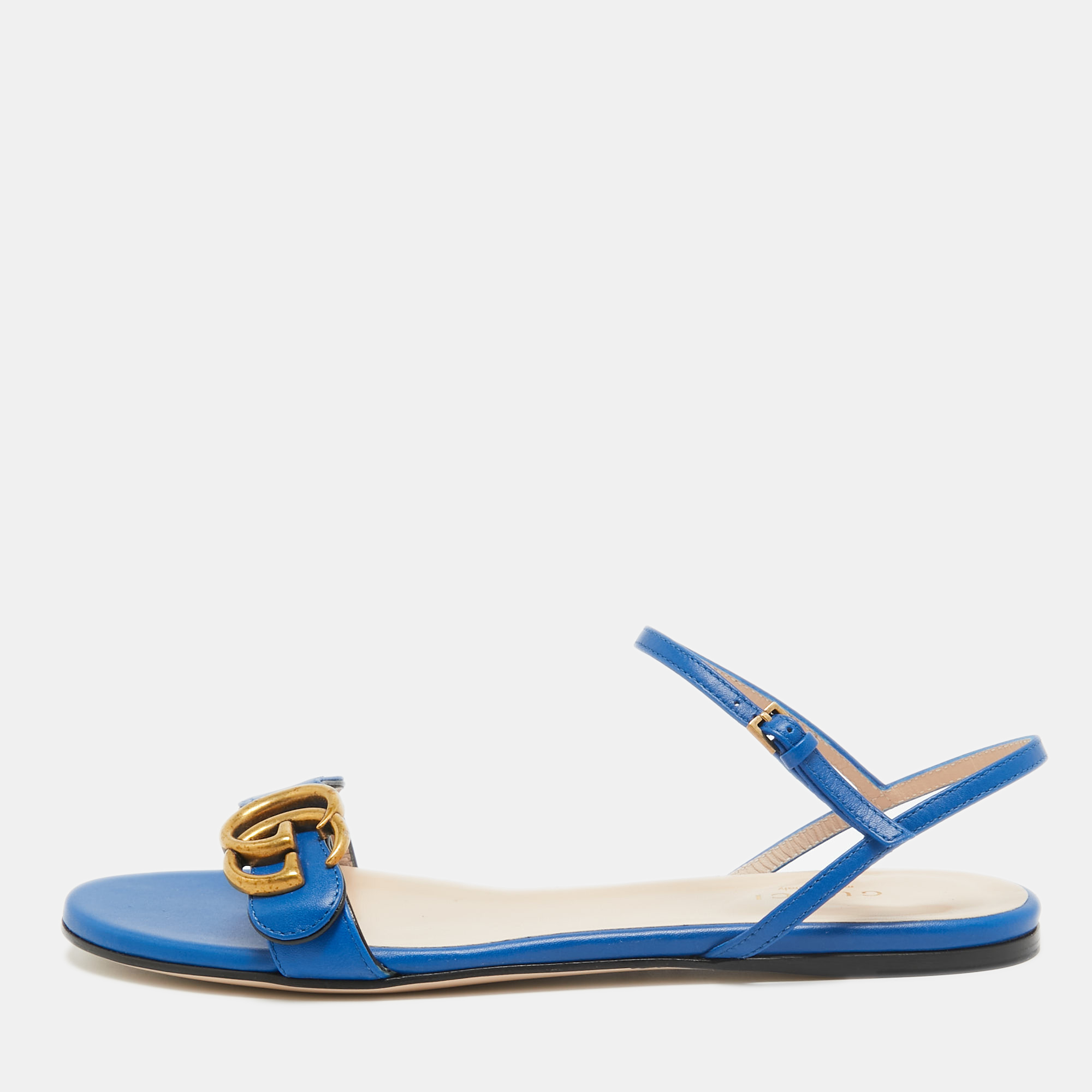 

Gucci Blue Leather GG Marmont Flat Slides Size