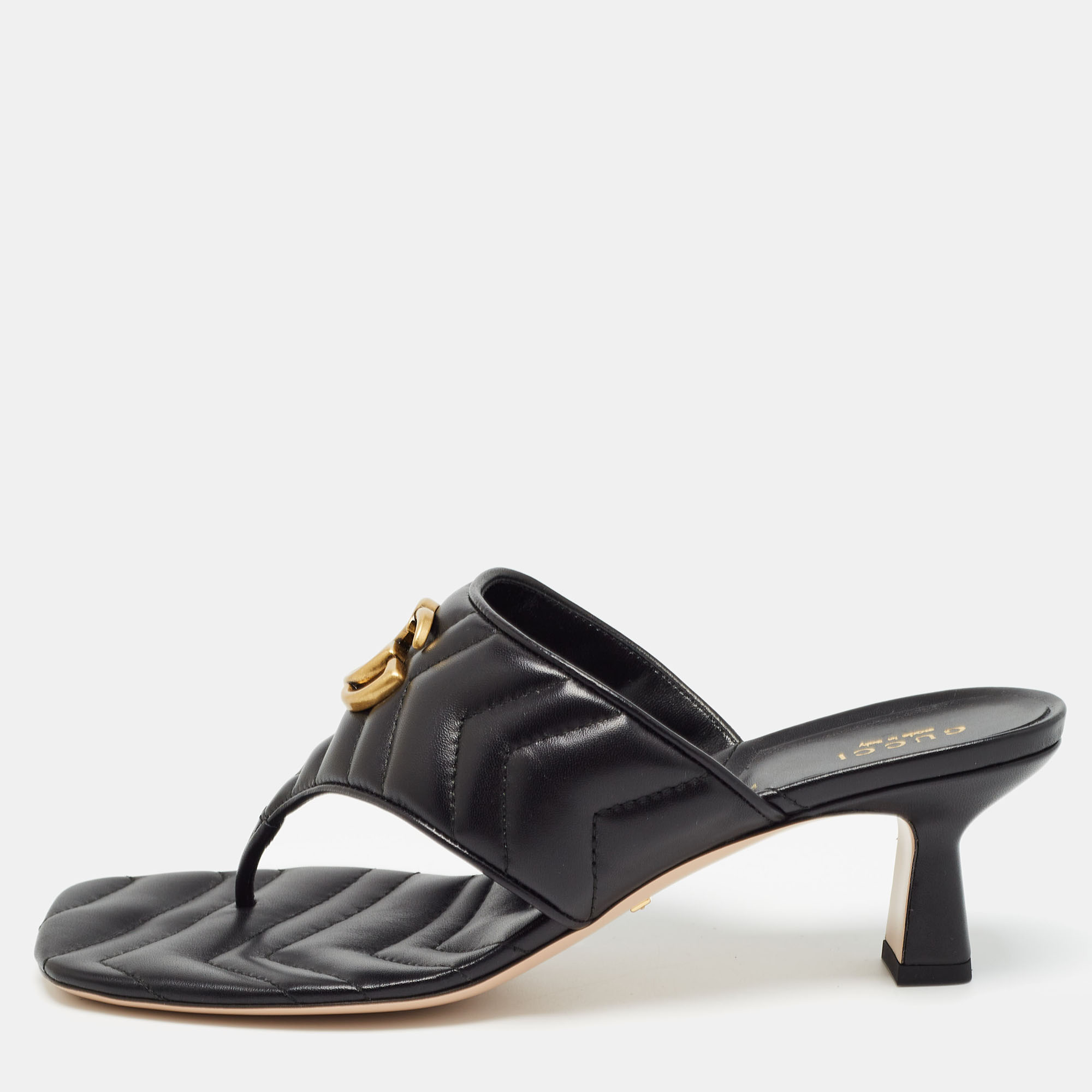 Gucci Black Leather Double G Thong Sandals Size 39