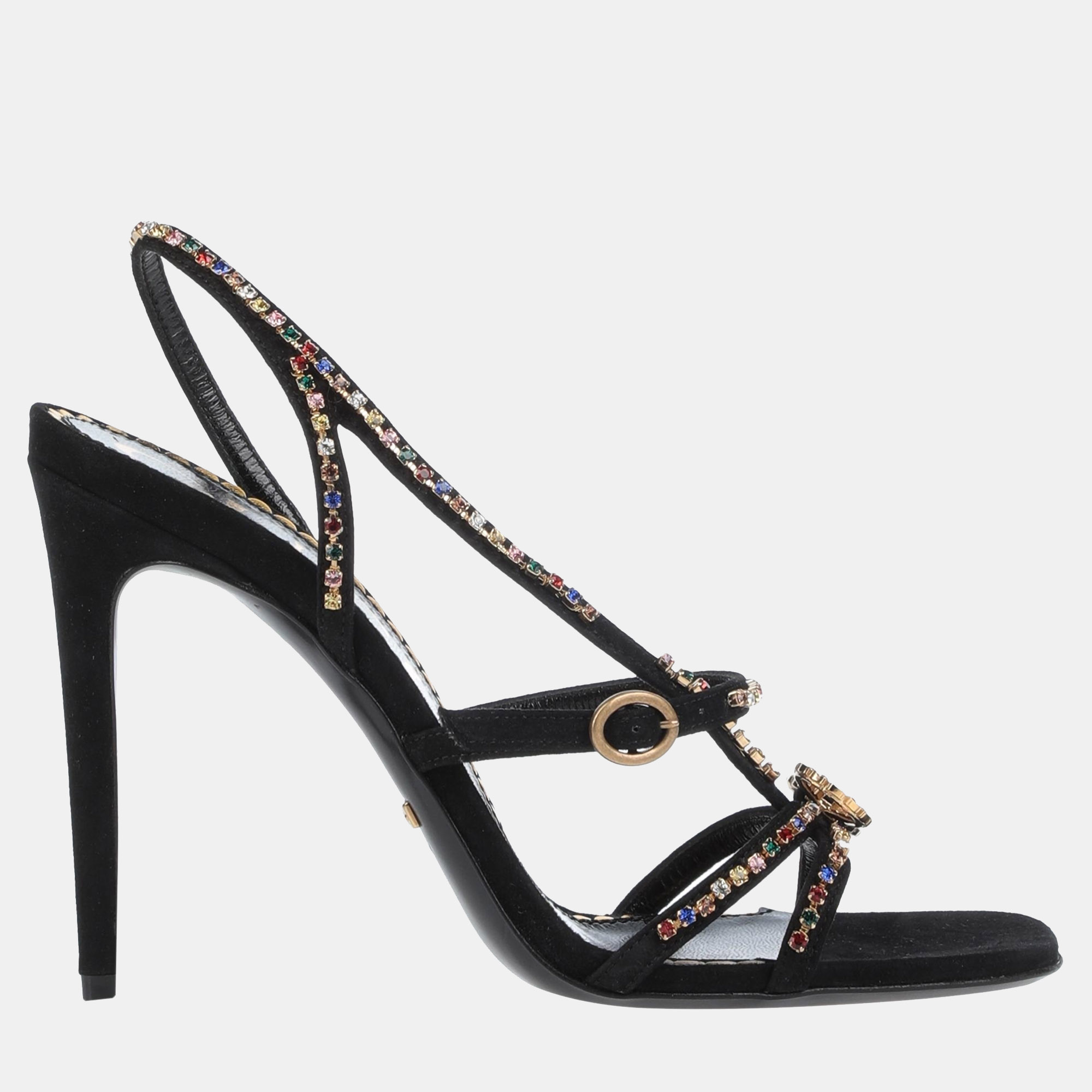 Pre-owned Gucci Suede Crystal Embellished Ankle Strap Sandals Size 36.5 In Black