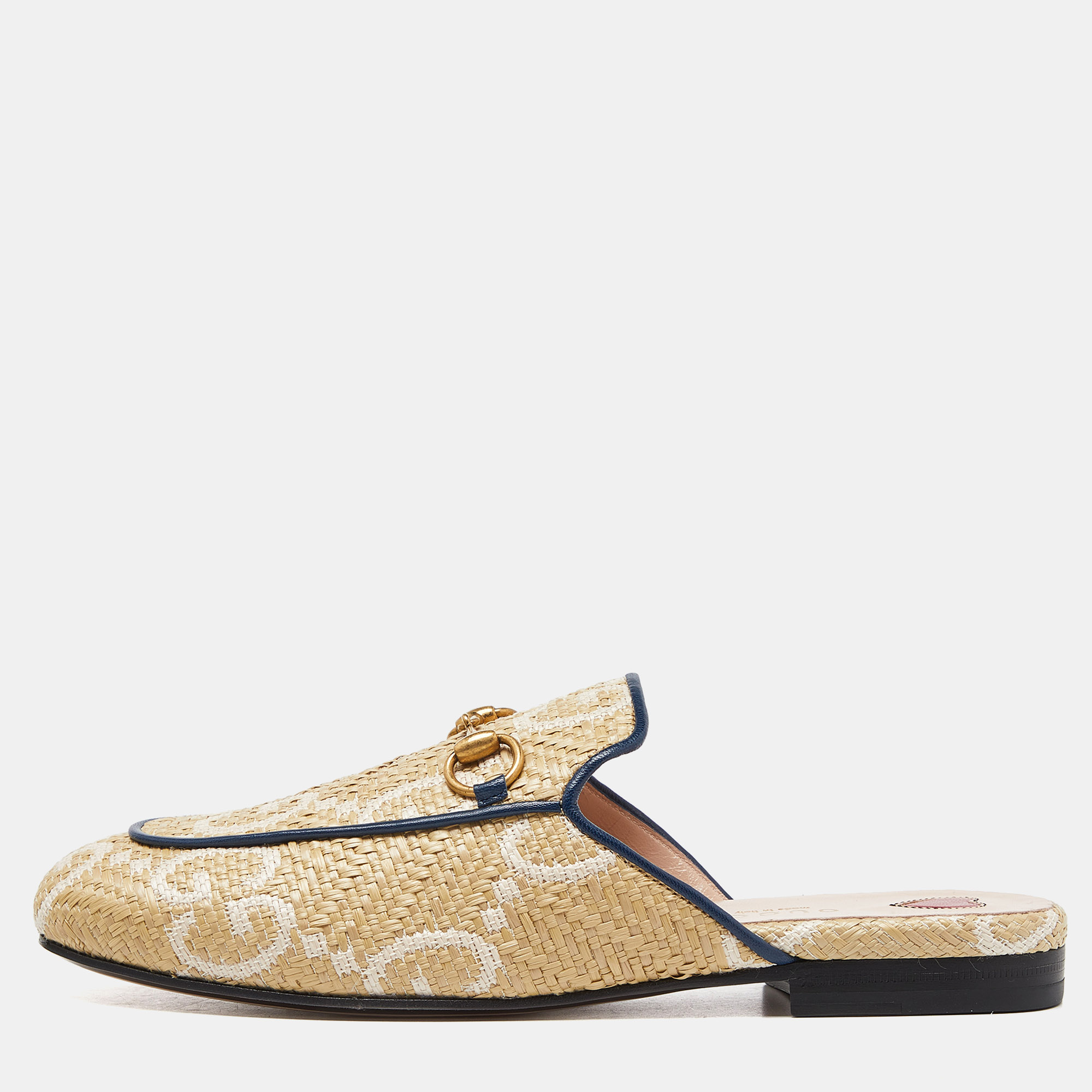 Pre-owned Gucci Beige Raffia And Leather Princetown Mules Size 36